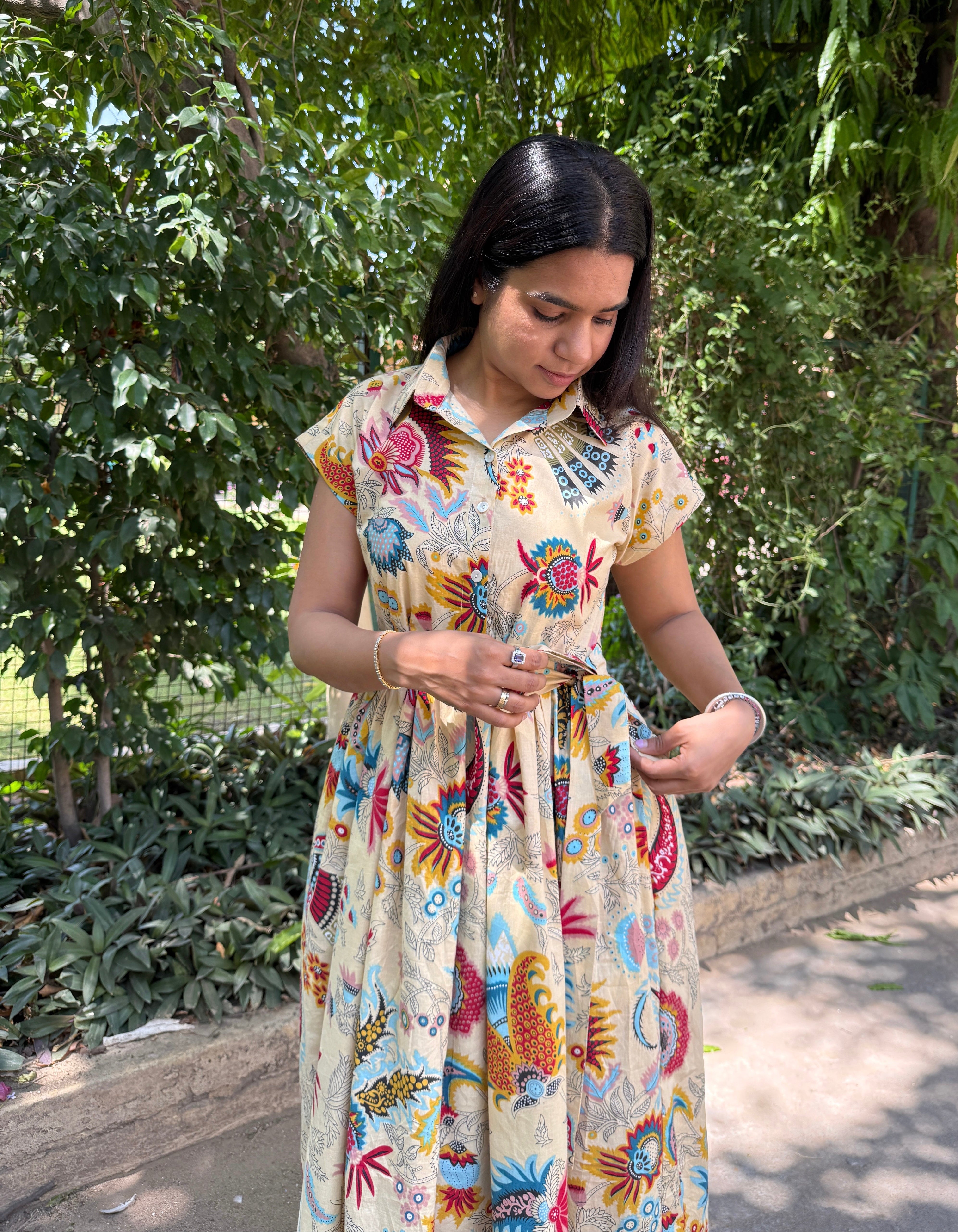 Vintage Print Belt Dress