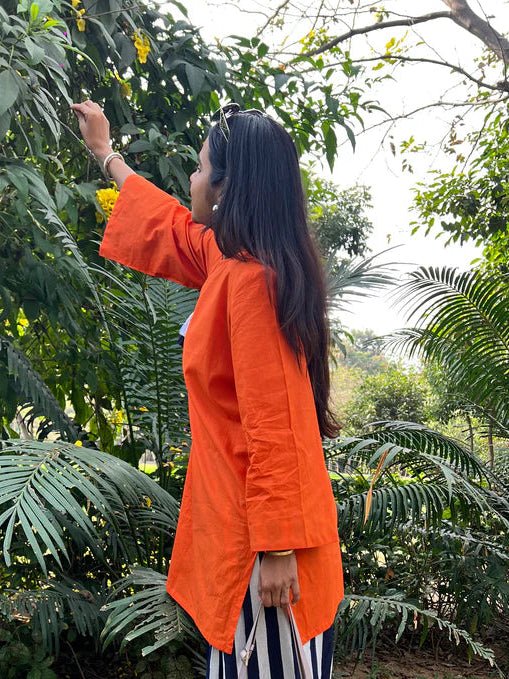 Orange Solid Cotton Kurti