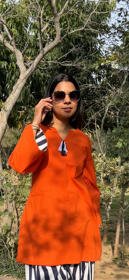 Orange Solid Cotton Kurti