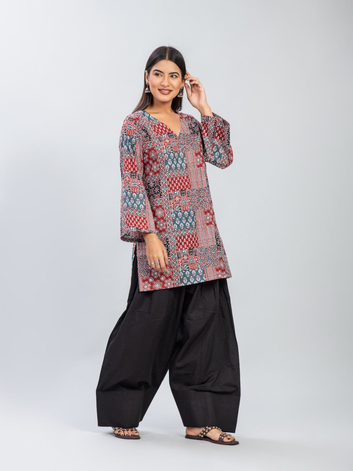 Red and Blue Ajrakh Print Kurti & Black Farshi Salwar Set