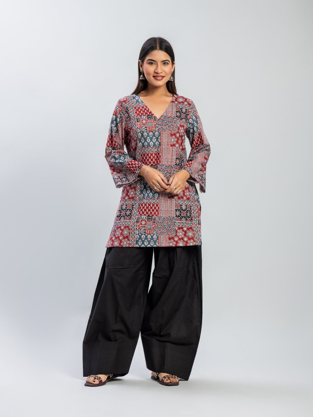 Red and Blue Ajrakh Print Kurti & Black Farshi Salwar Set