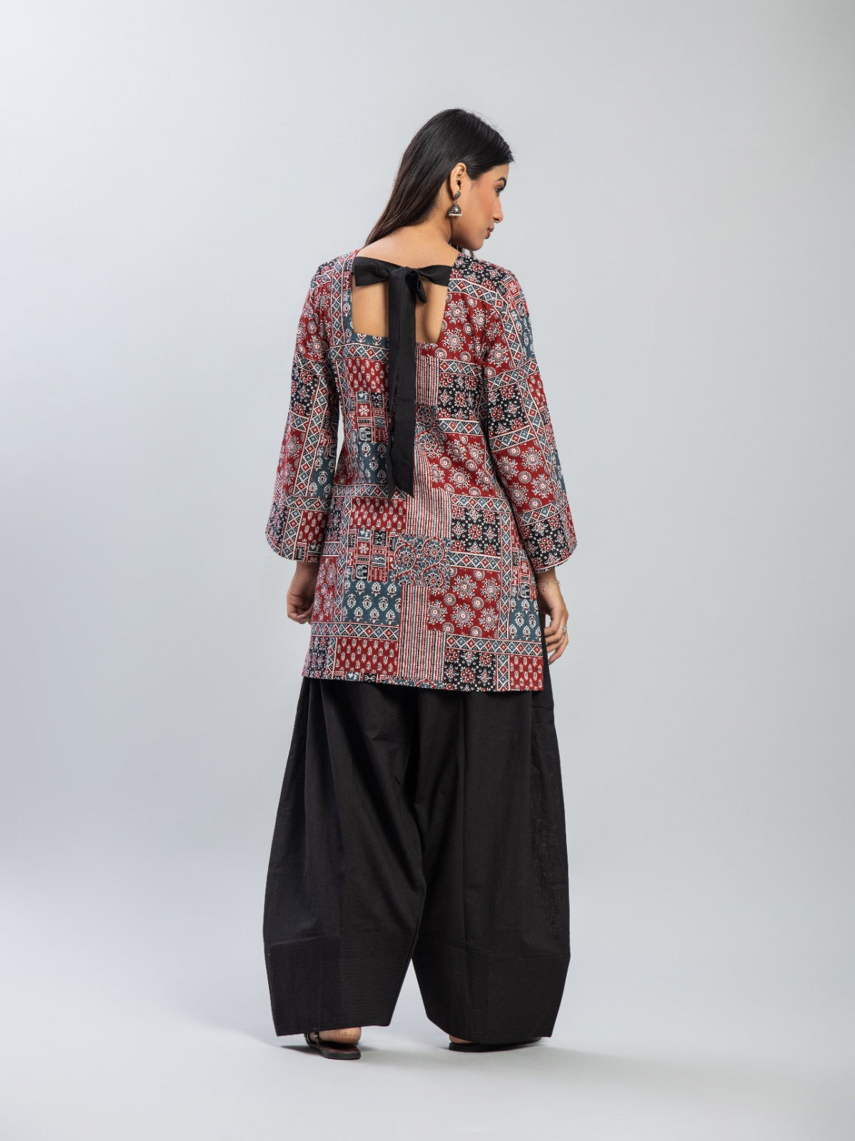 Red and Blue Ajrakh Print Kurti & Black Farshi Salwar Set