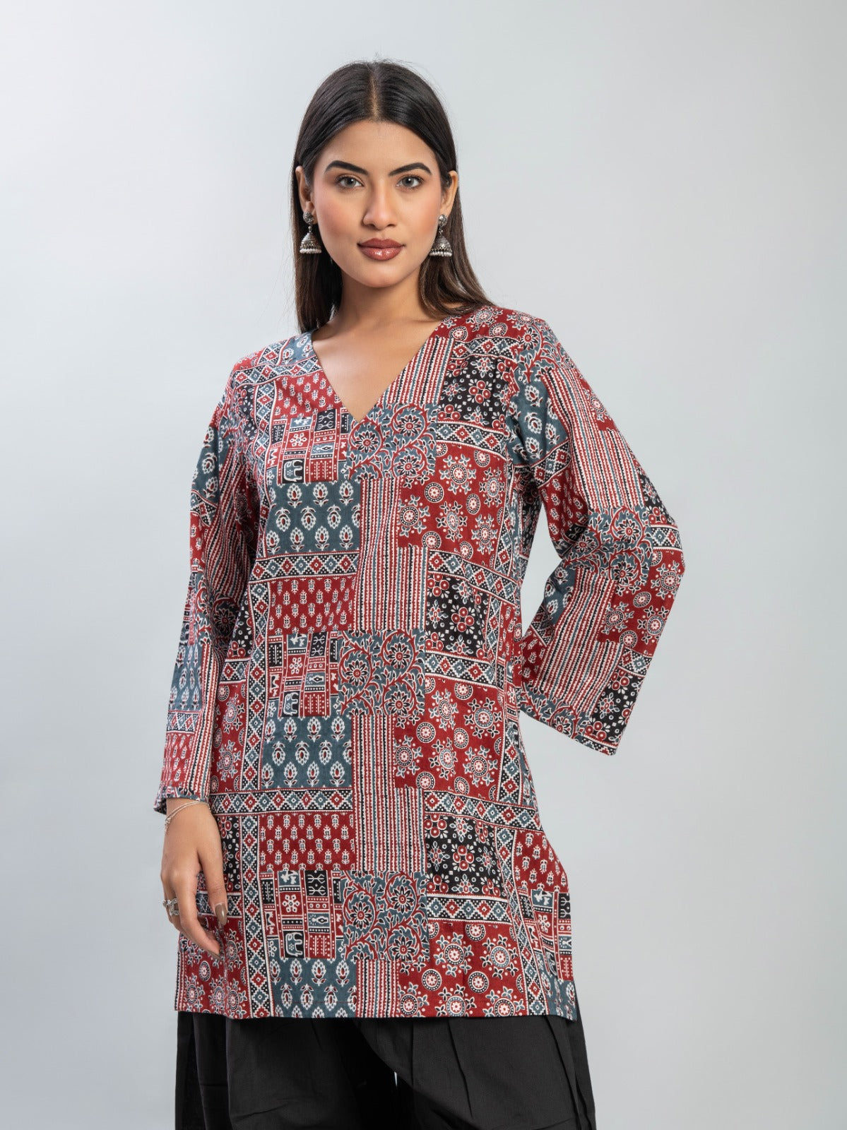 Red and Blue Ajrakh Print Kurti & Black Farshi Salwar Set