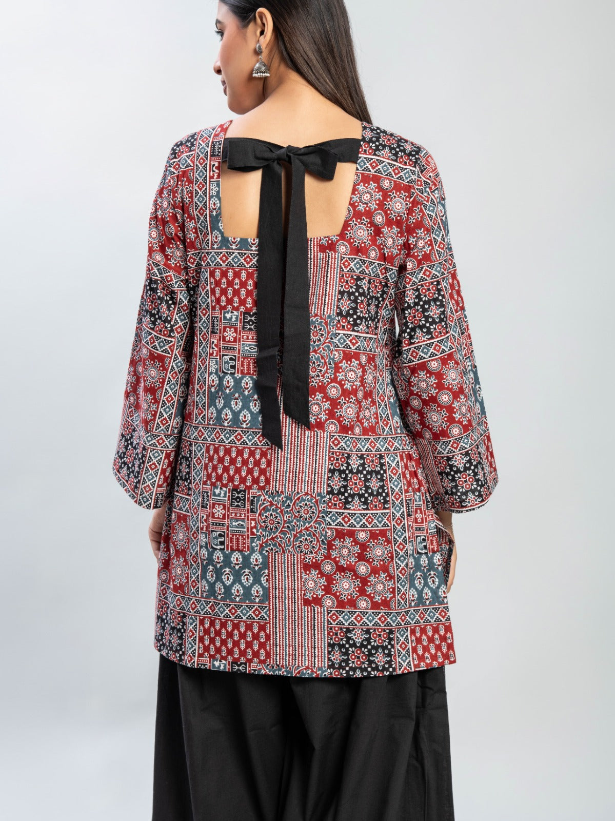 Red and Blue Ajrakh Print Kurti & Black Farshi Salwar Set