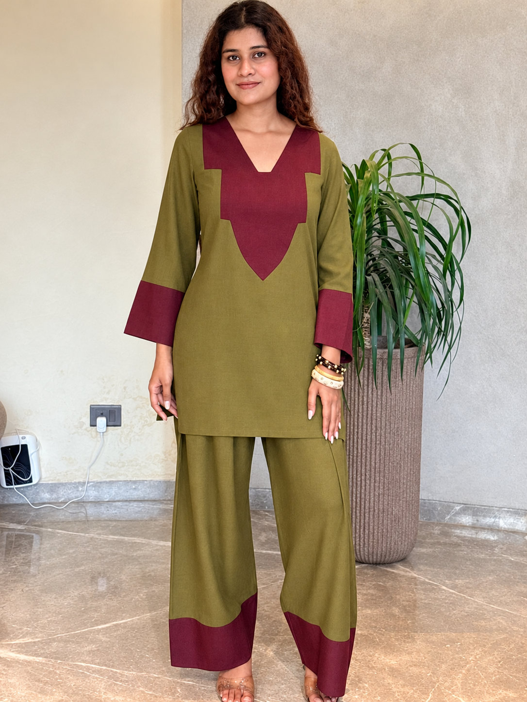 Olive Burgundy Contrast Patch Farshi Set