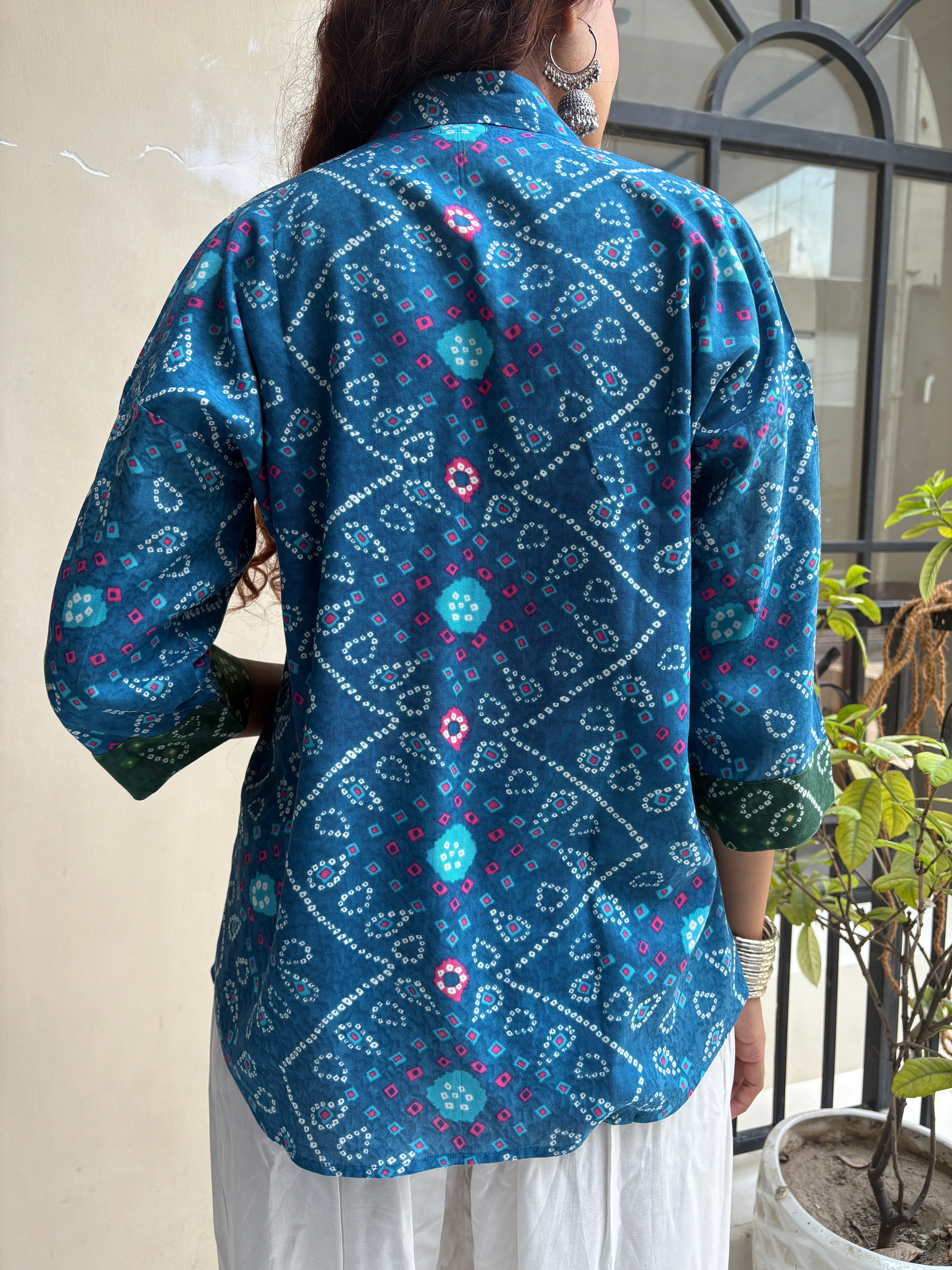 Blue Bandhani shirt with green patch