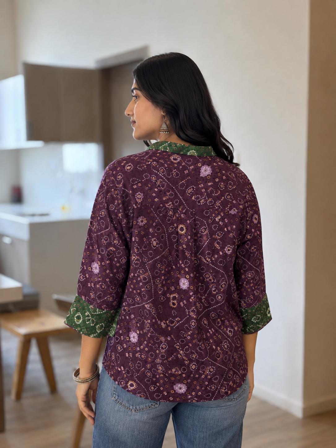 Wine Bandhani shirt with green patch