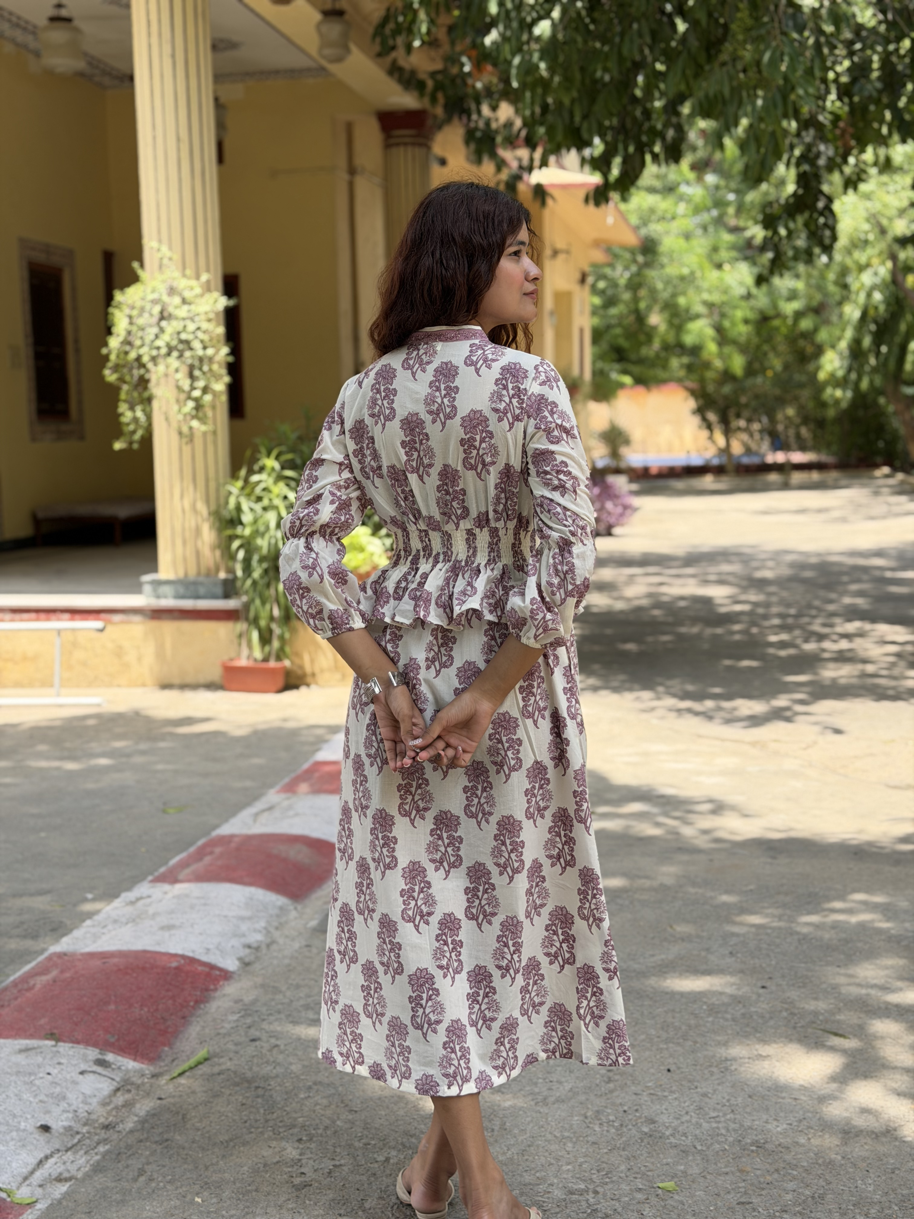 Hand-blocked White & Purple Elasticated Long Dress