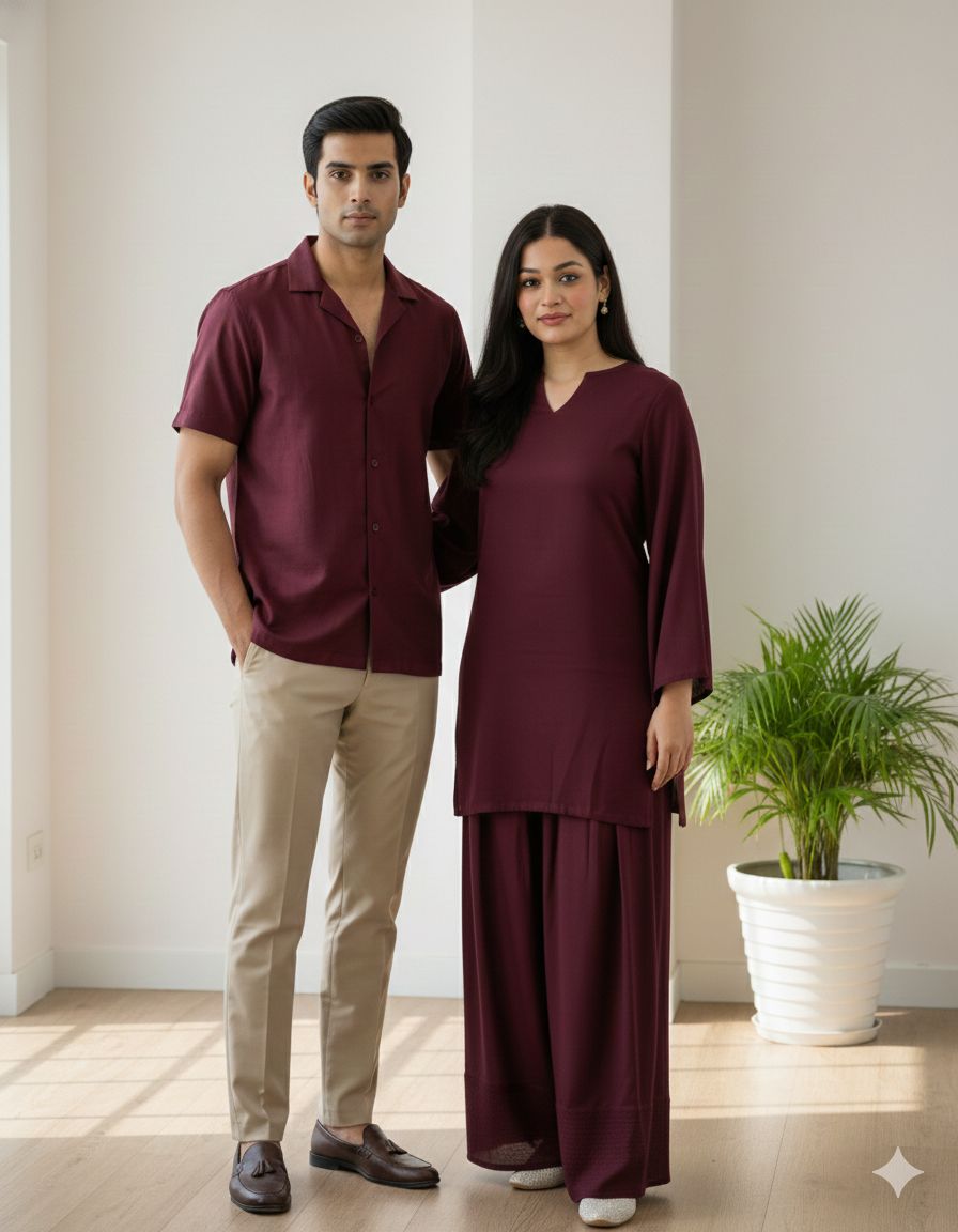 Burgundy Farshi and Shirt Matching Couple Set