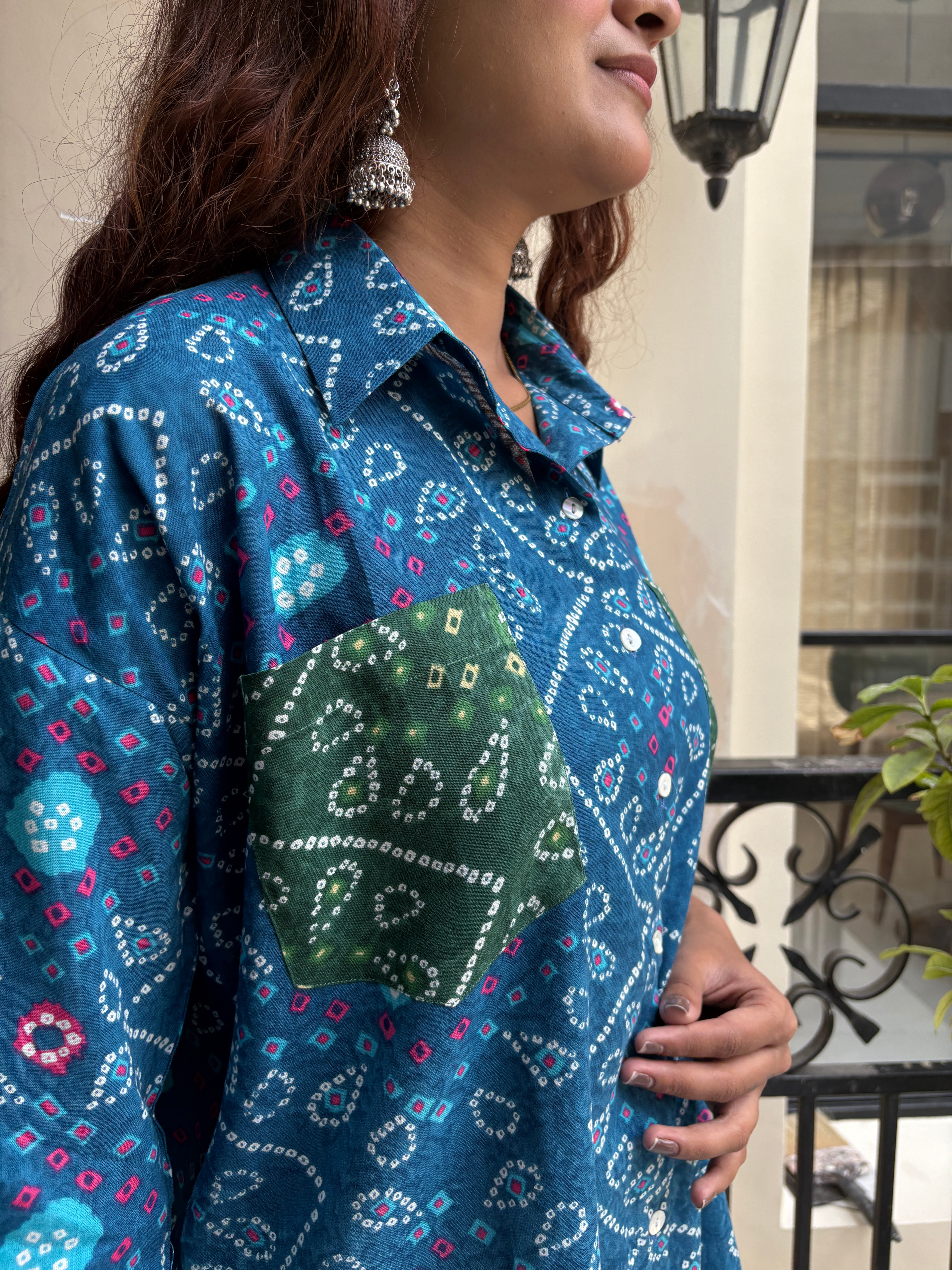 Blue Bandhani shirt with green patch
