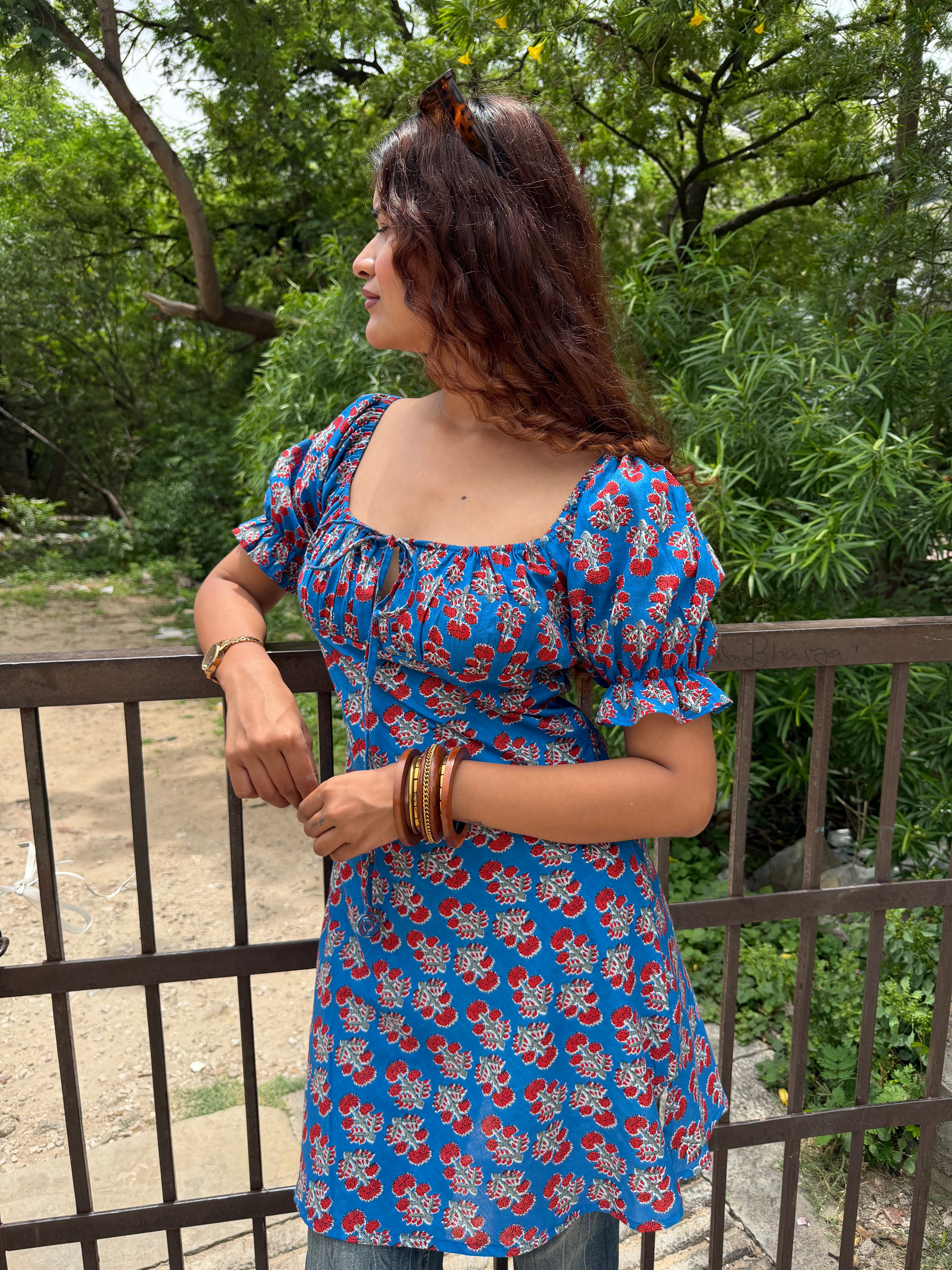 Blue Bloom Kurti with Dori Balloon Salwar