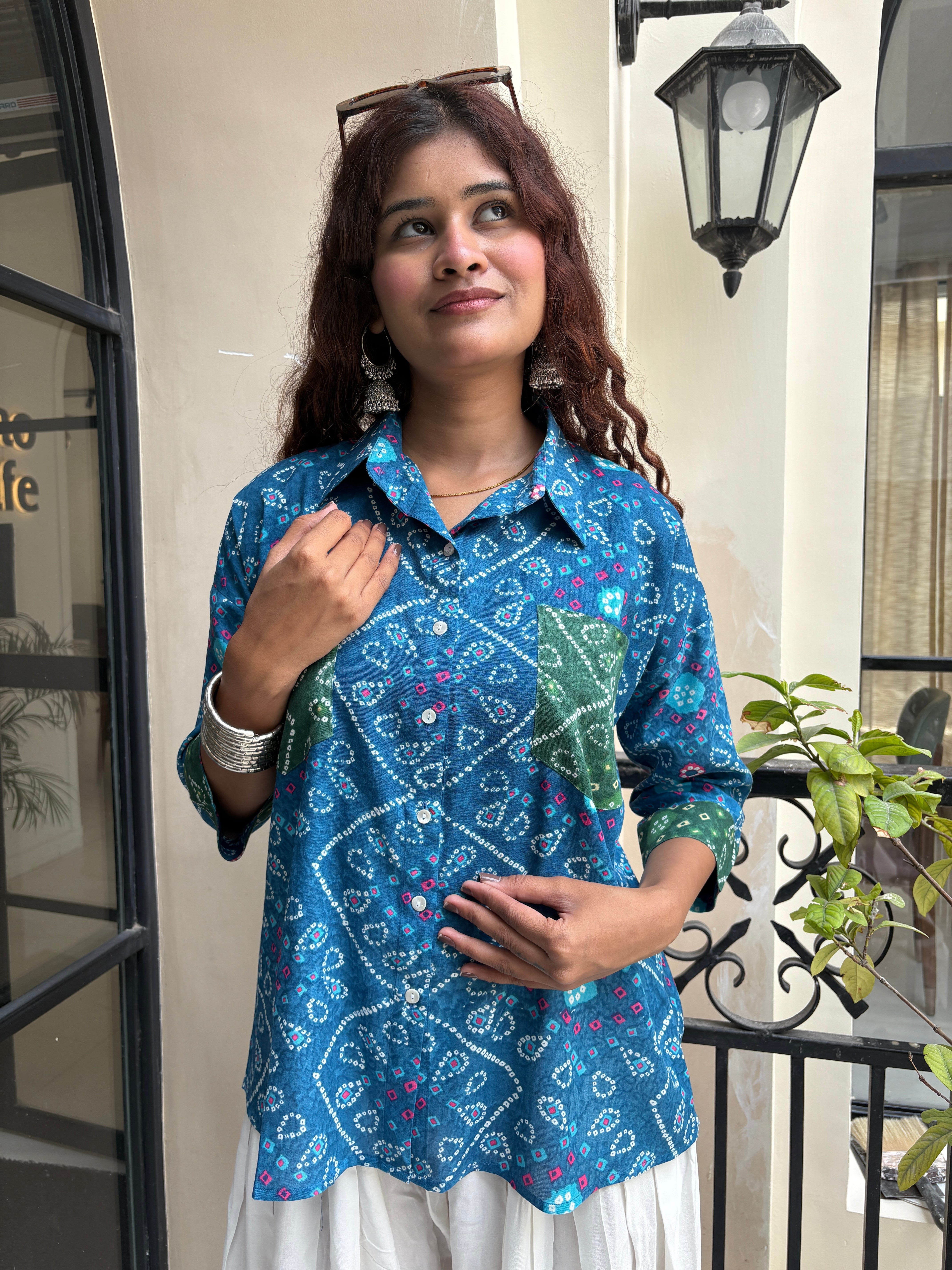 Blue Bandhani shirt with green patch