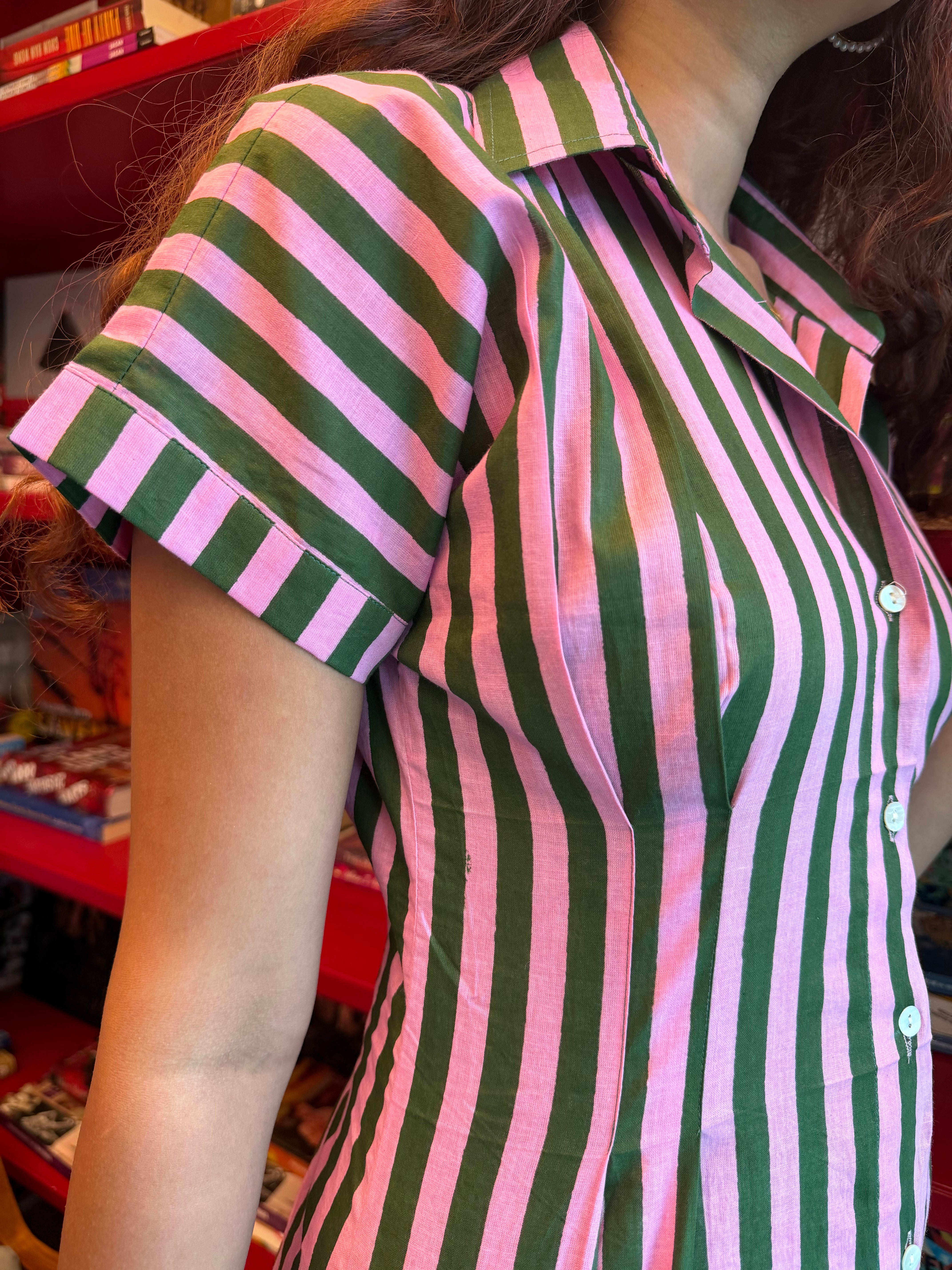 Green Pink Stripe Shirt Dress
