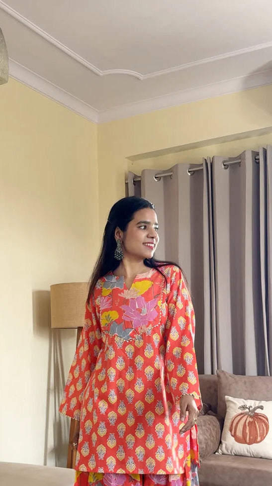 Coral Orange Everyday Printed Cotton Kurti