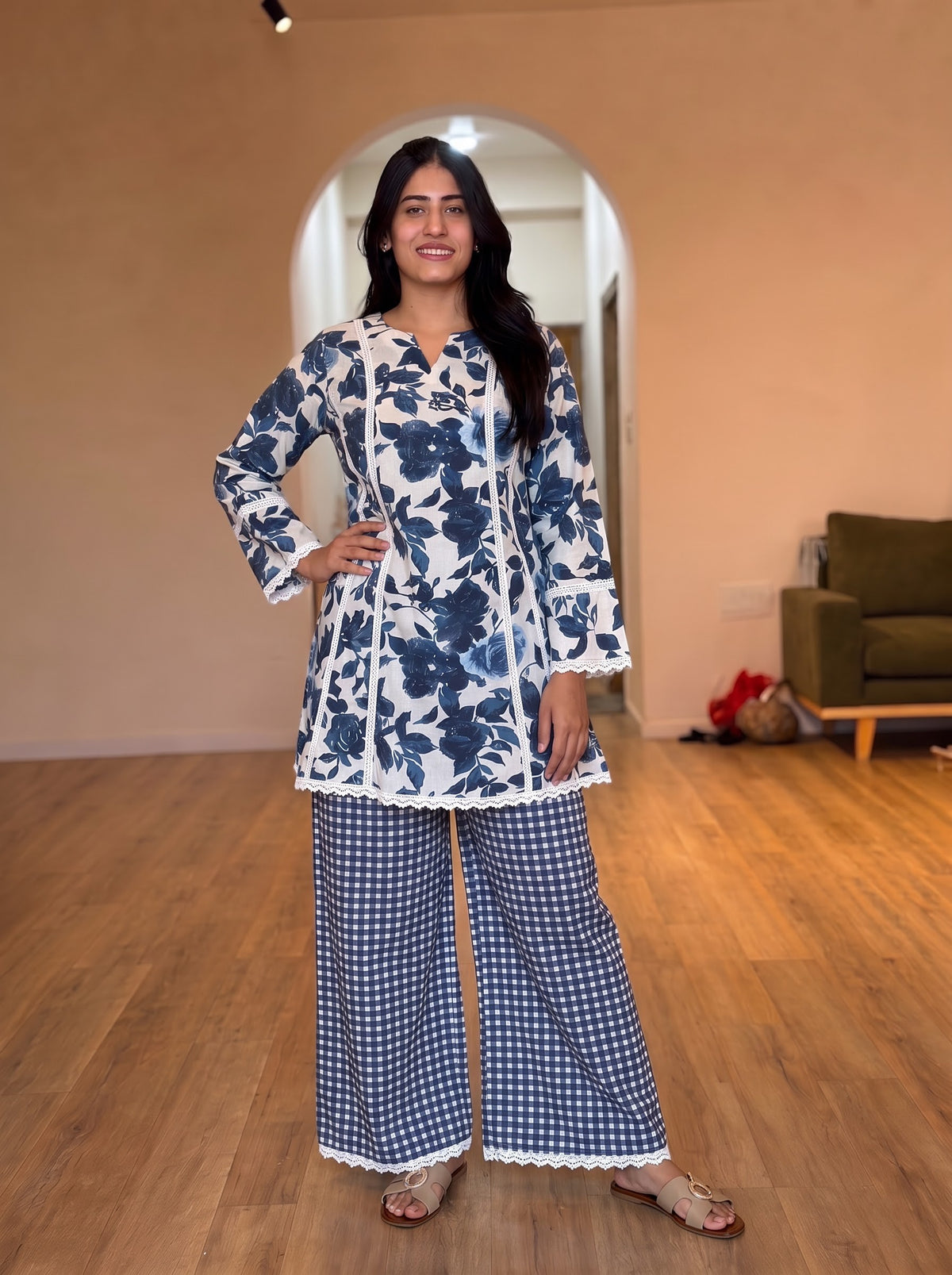 Indigo Bloom Gingham Farshi set
