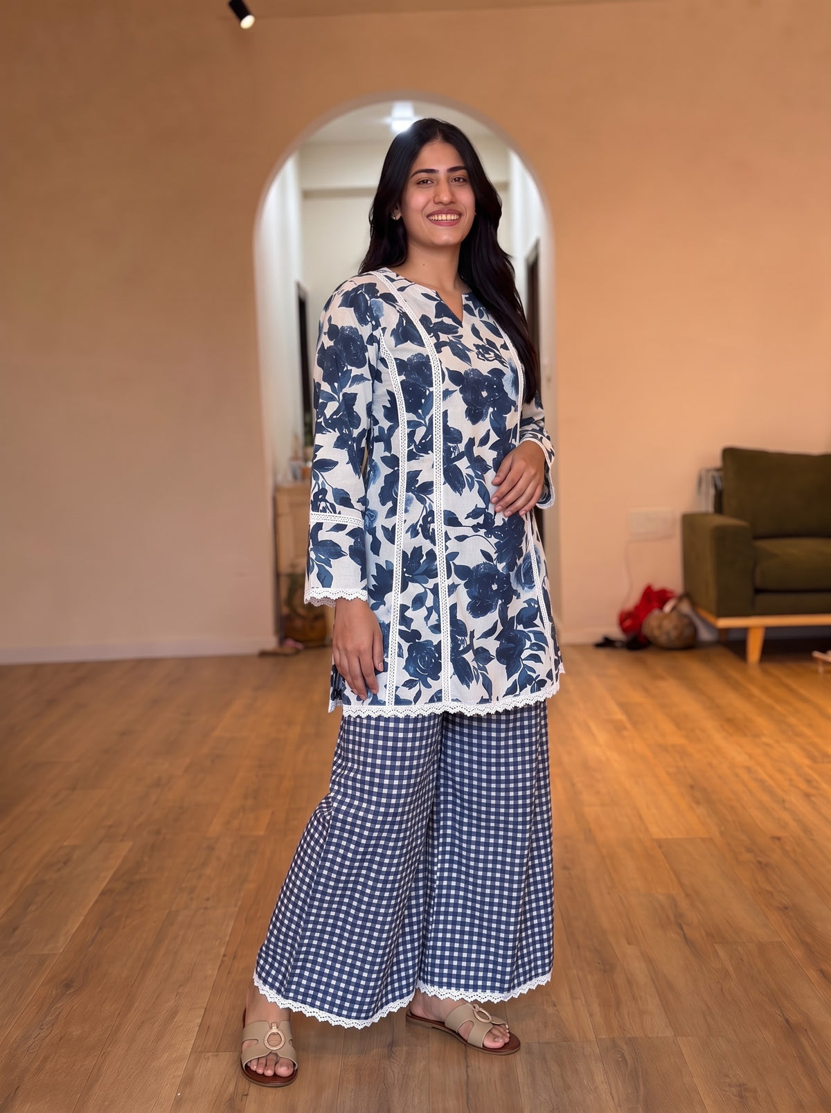 Indigo Bloom Gingham Farshi set