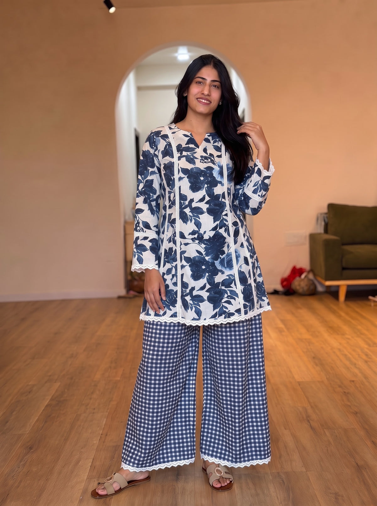 Indigo Bloom Gingham Farshi set