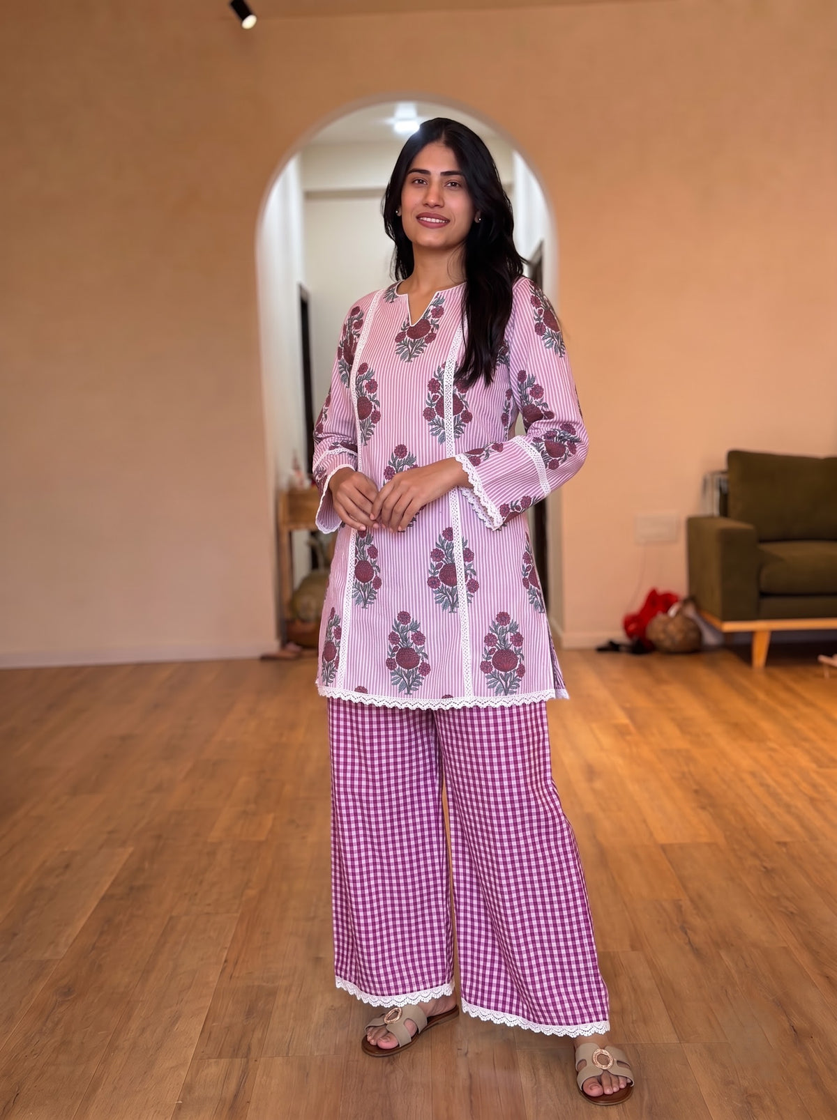Rose Gingham Floral Palazzo Farshi set
