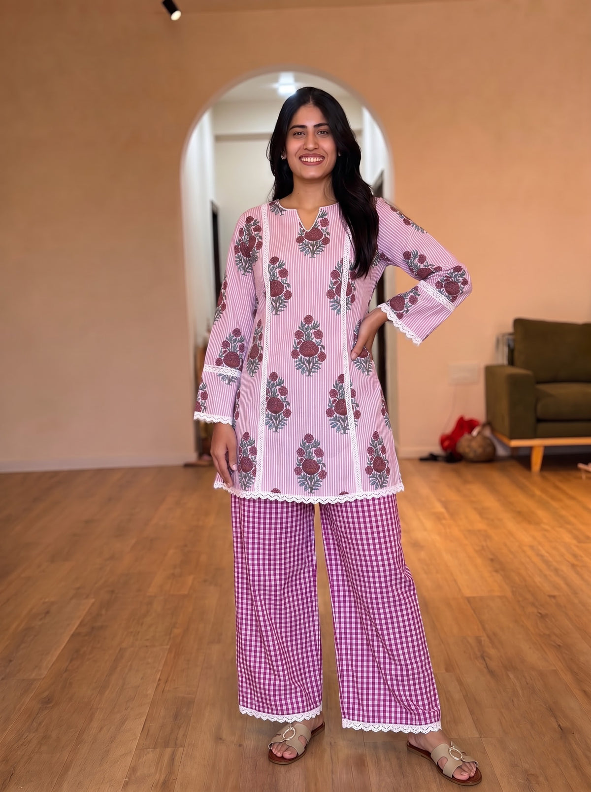 Rose Gingham Floral Palazzo Farshi set
