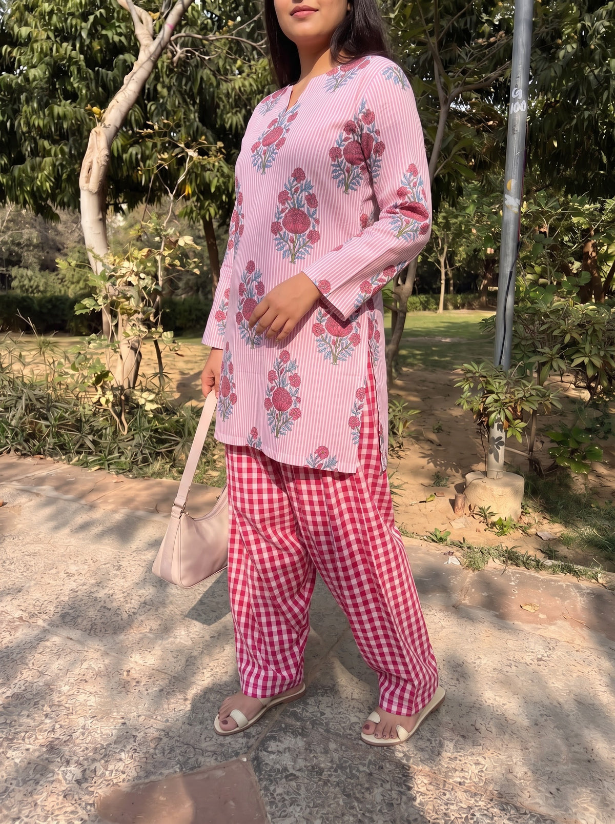 Pink Petal Gingham Farshi Salwar
