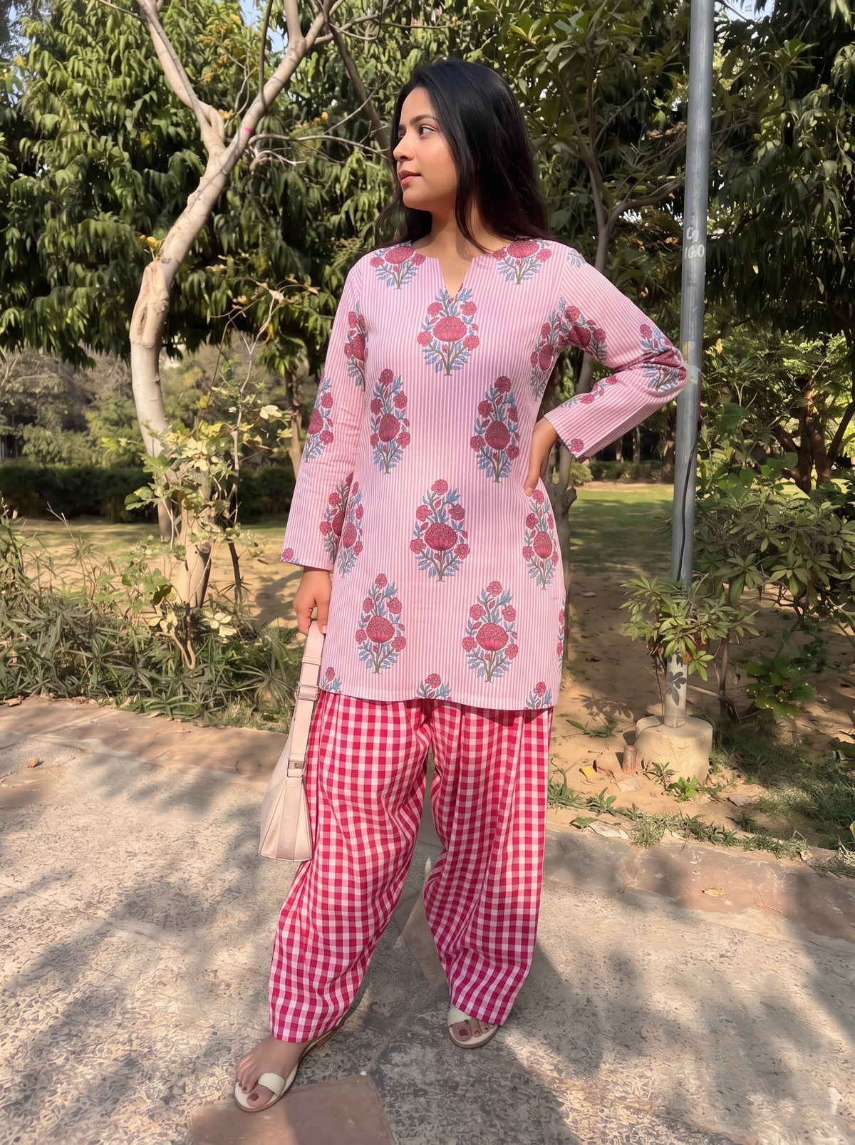 Pink Petal Gingham Farshi Salwar