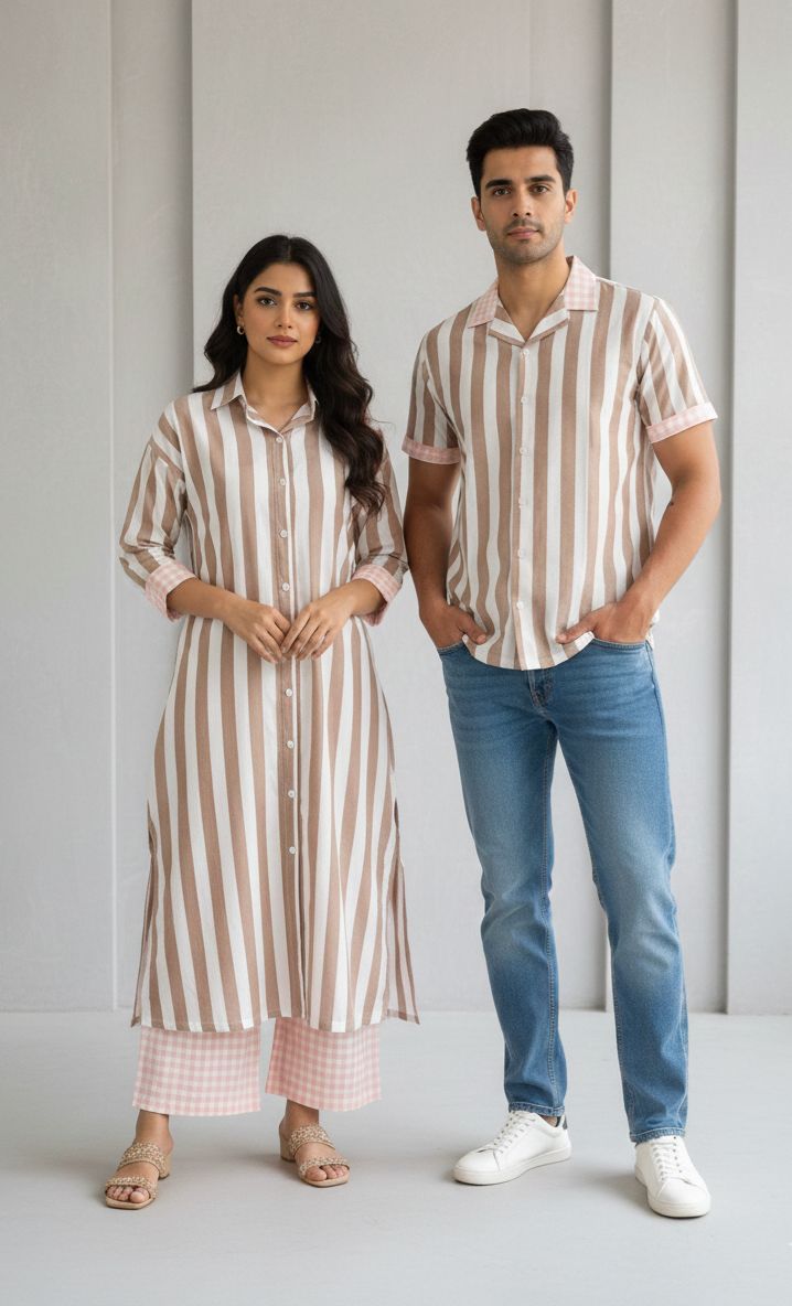 Striped with Contrast collar Matching Couple Set