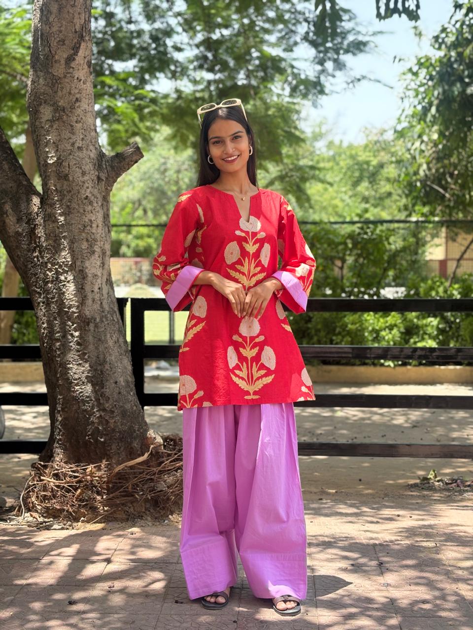 Red Buta kurta with Contrast Farshi Salwar