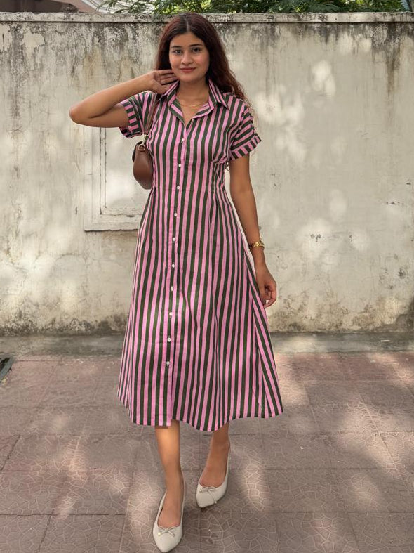 Green Pink Stripe Shirt Dress