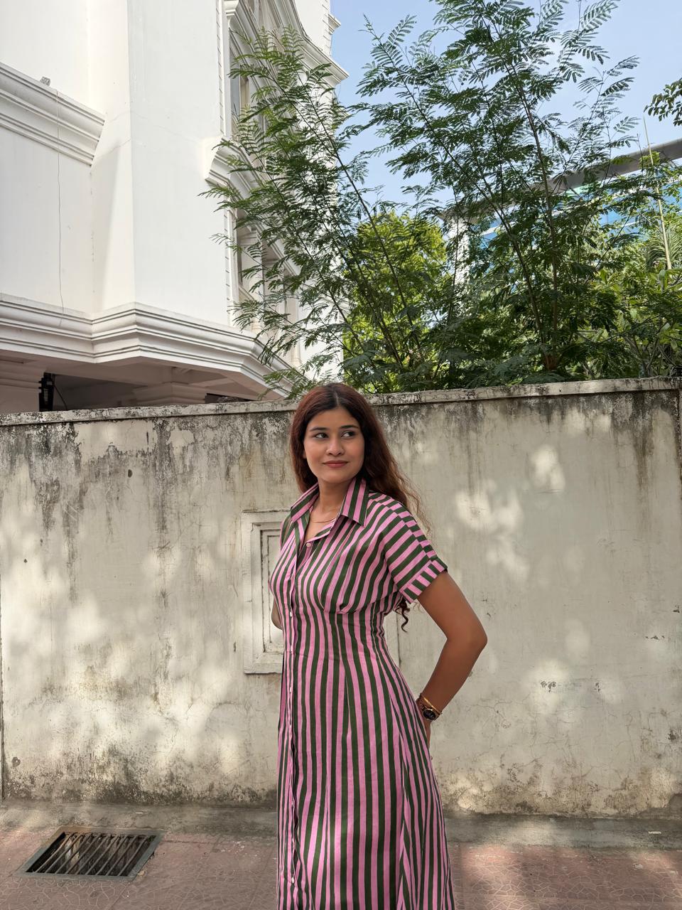 Green Pink Stripe Shirt Dress