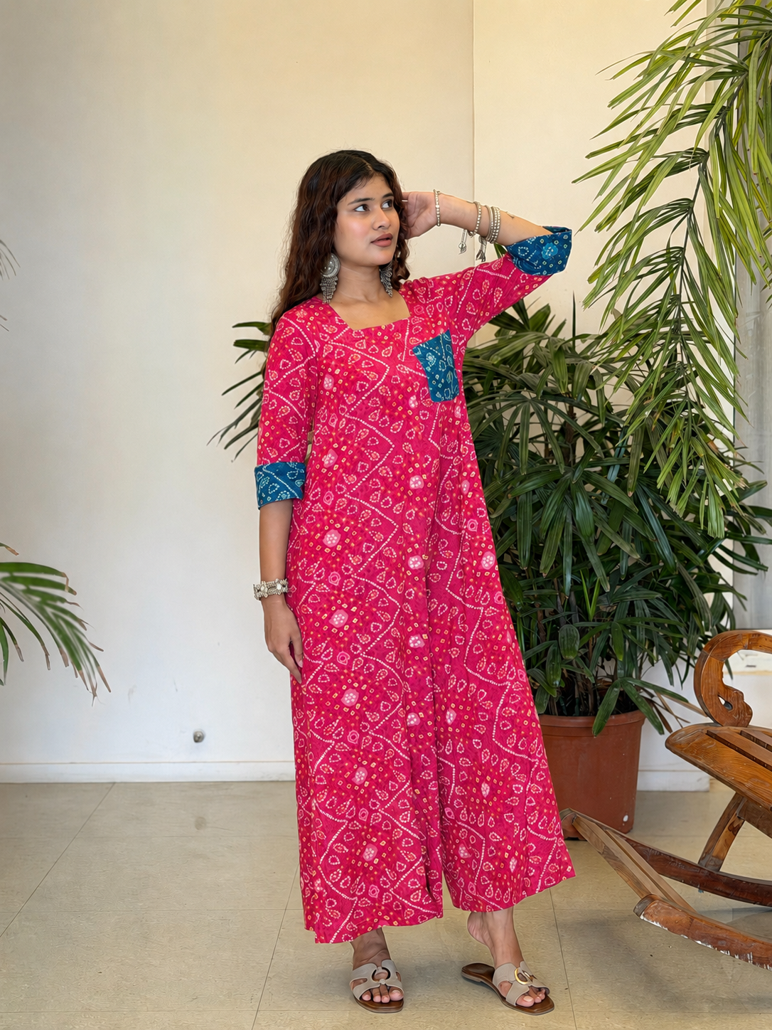 Pink Bandhni blue patch Jumpsuit