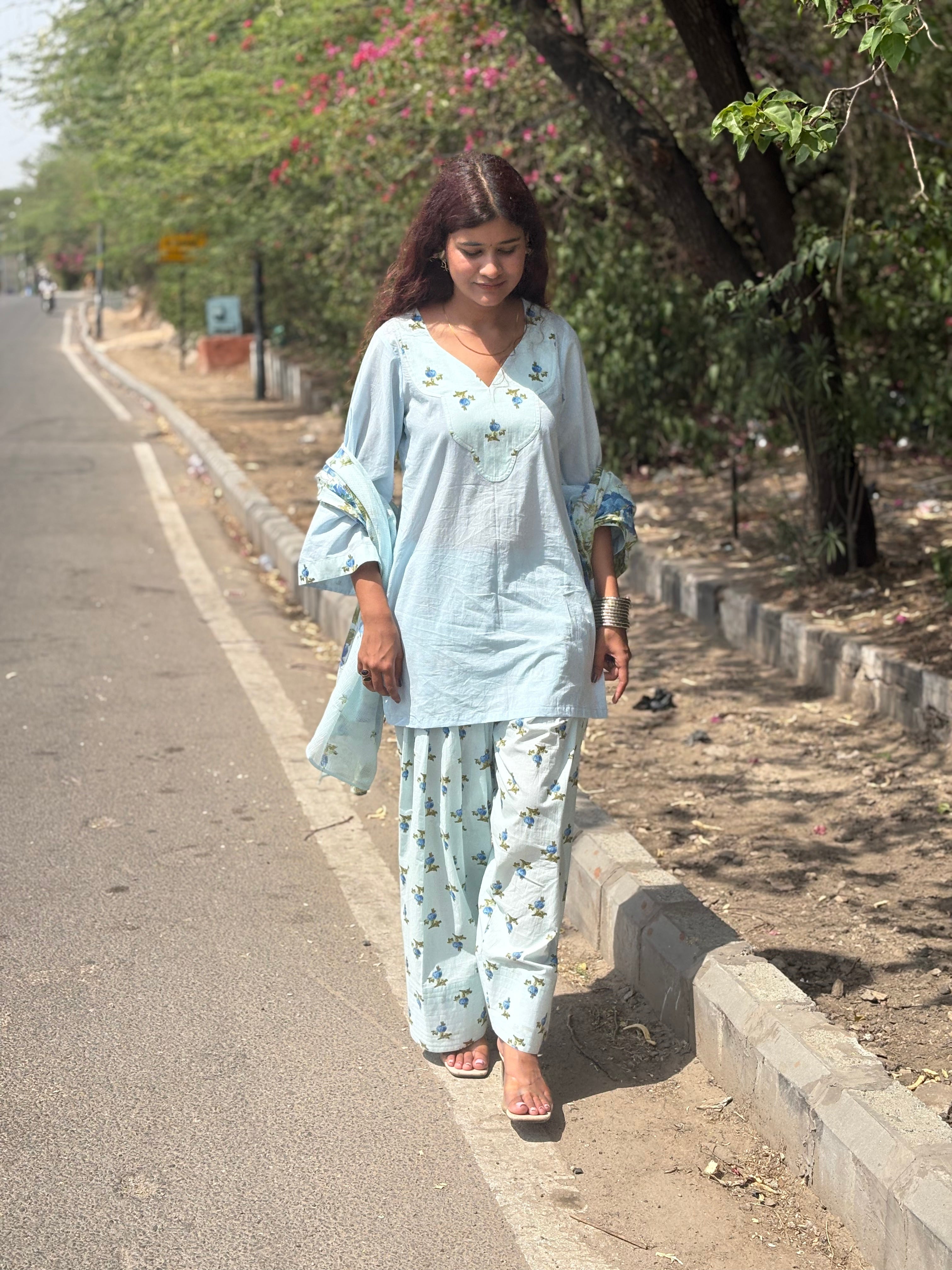Pastel Blue Farshi Set With Dupatta
