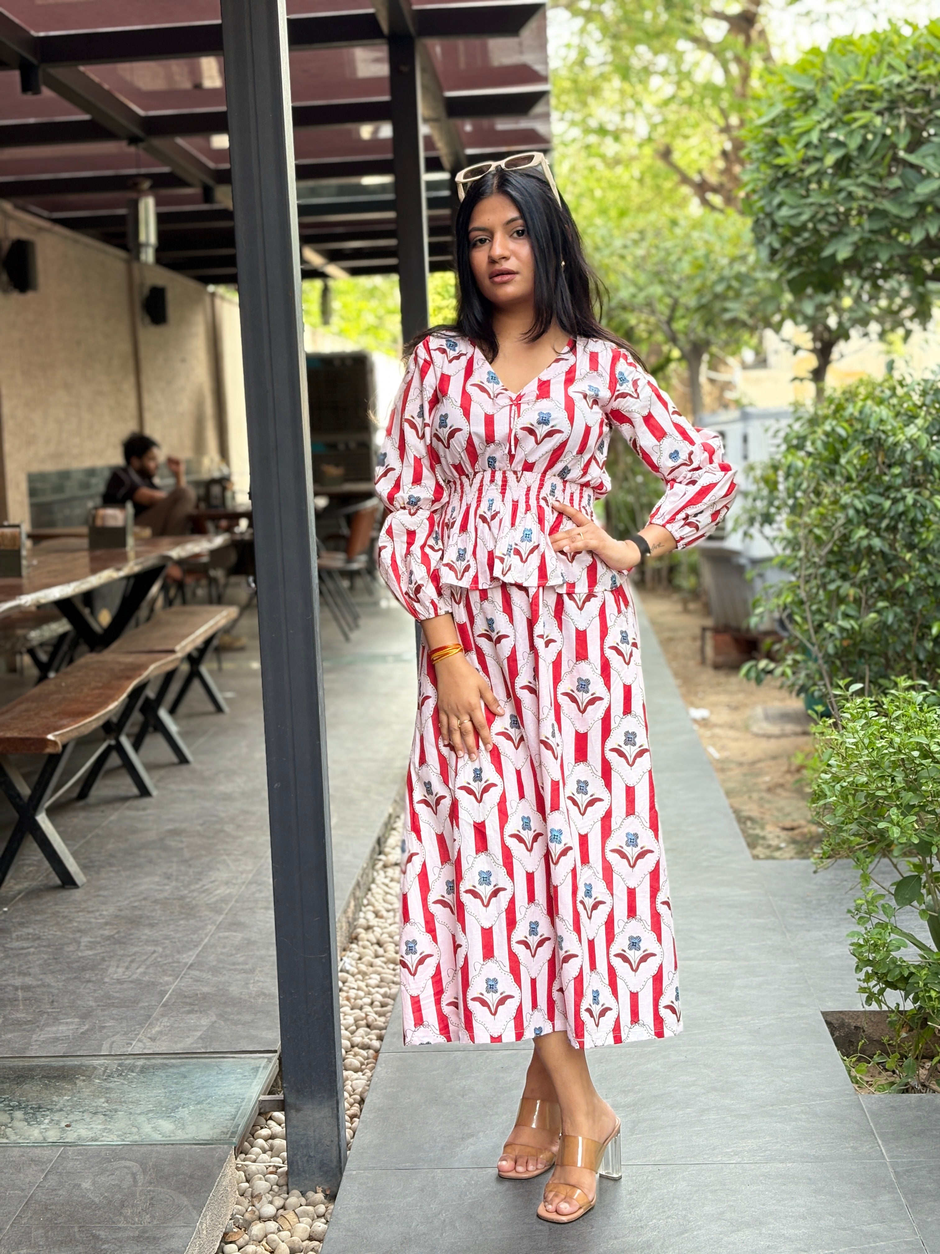 Red buti elasticated long dress