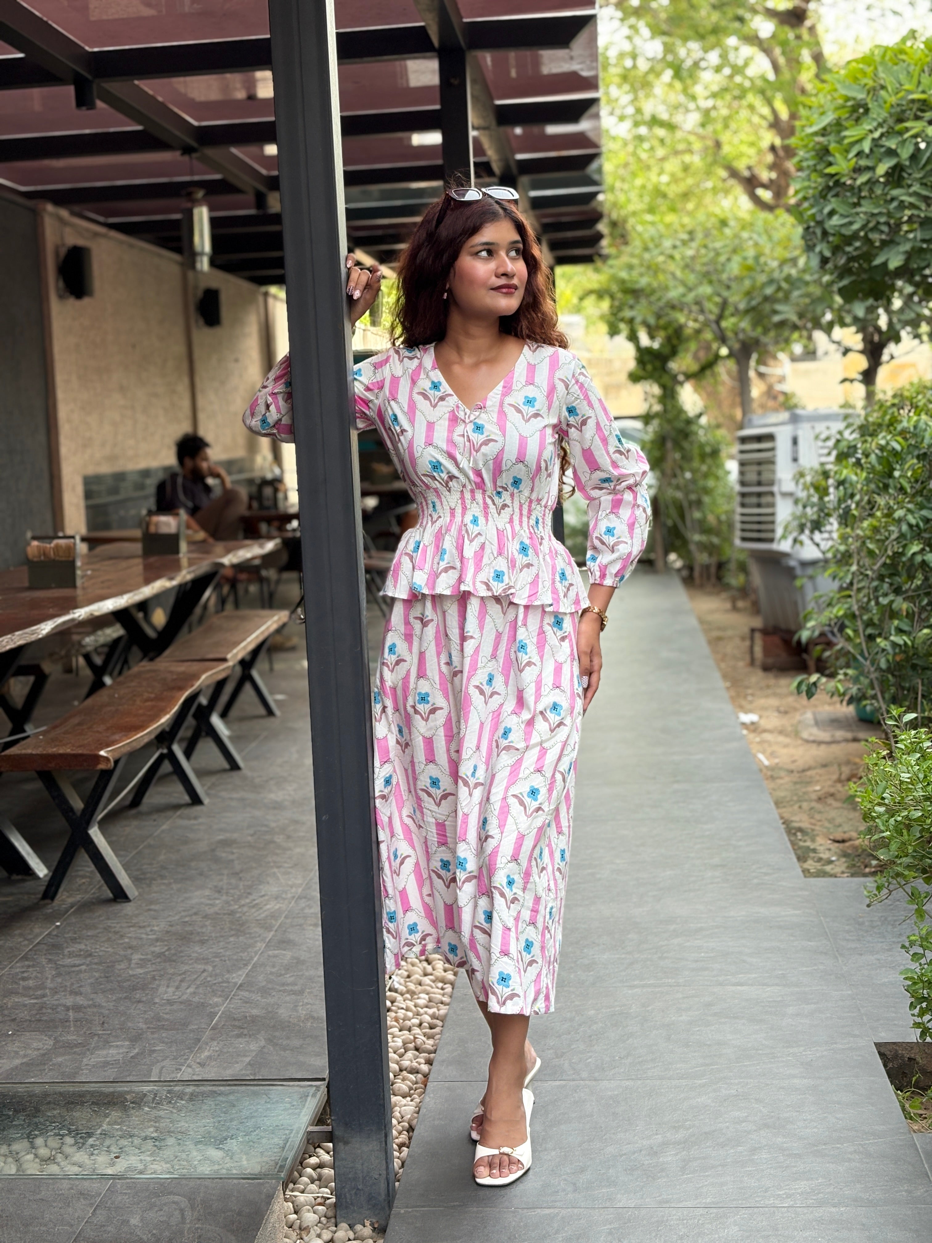 Pink buti elasticated long dress