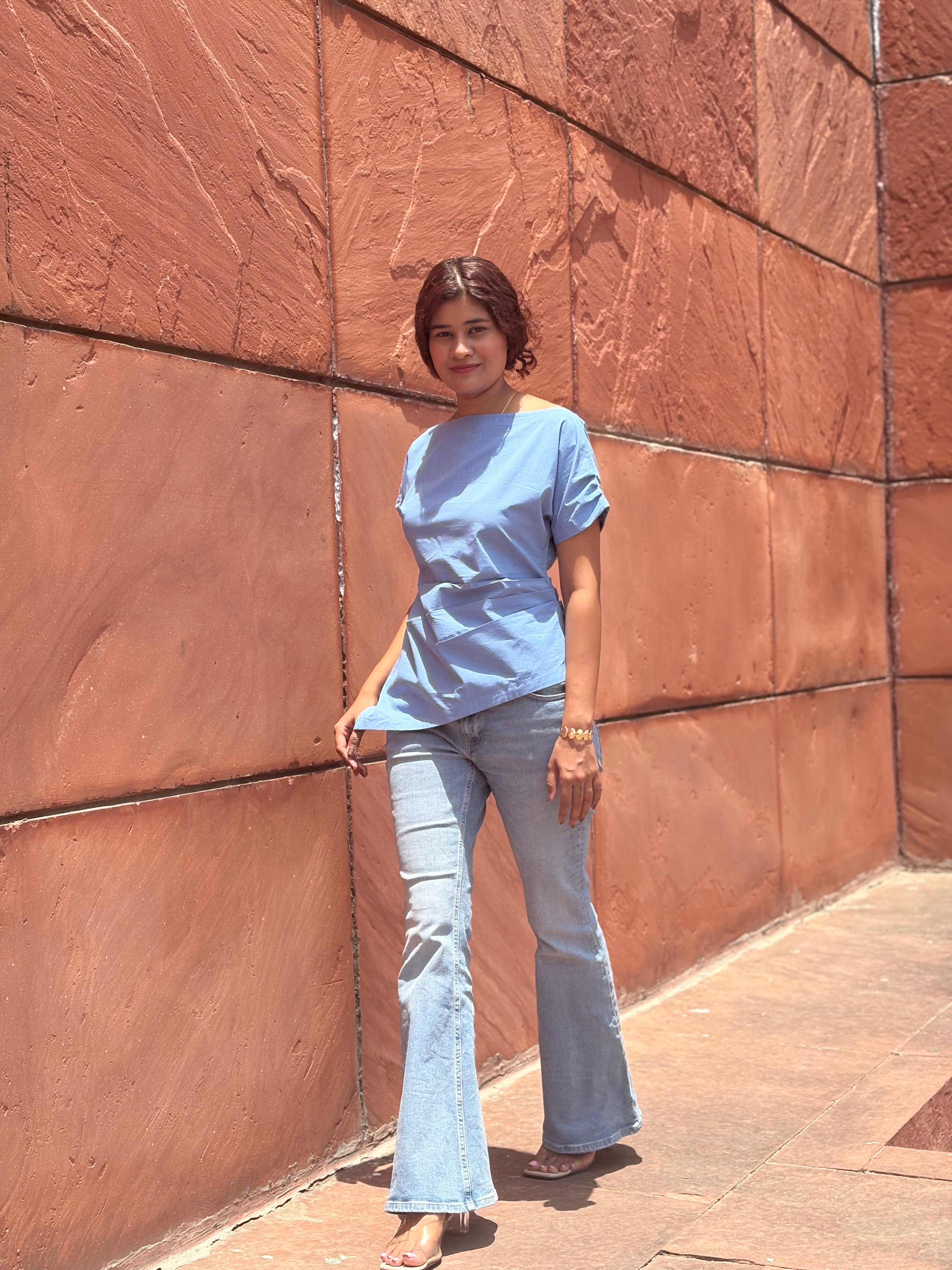 Drop Shoulder Light Blue Top