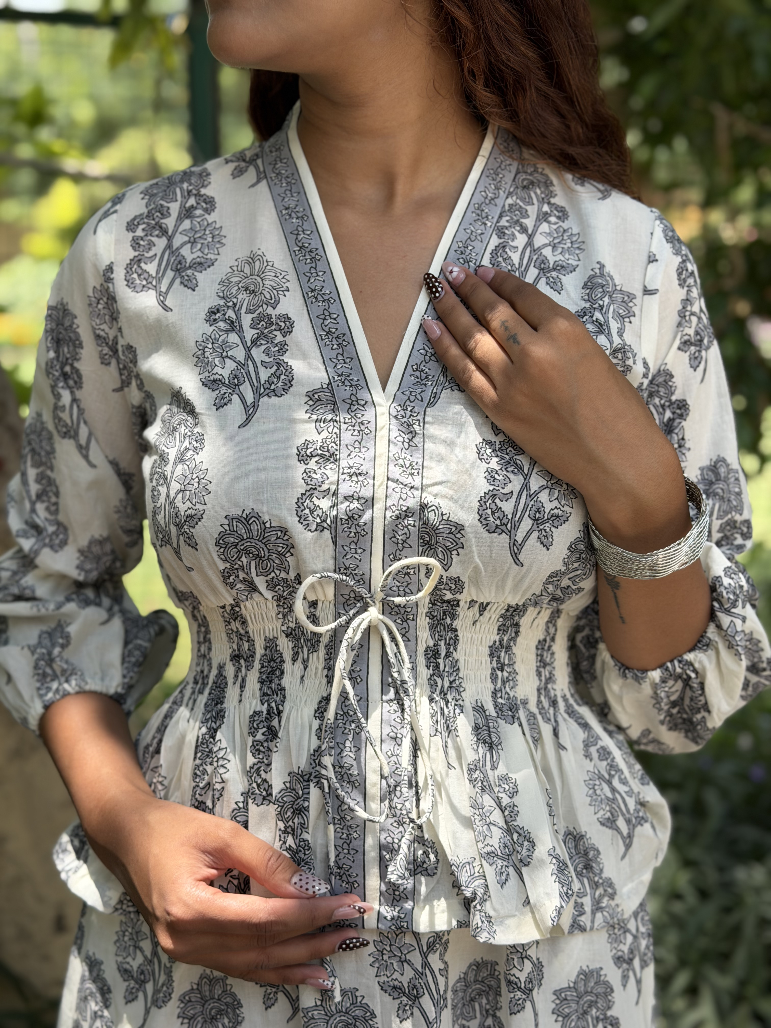 Hand-blocked White & Grey Elasticated Long Dress
