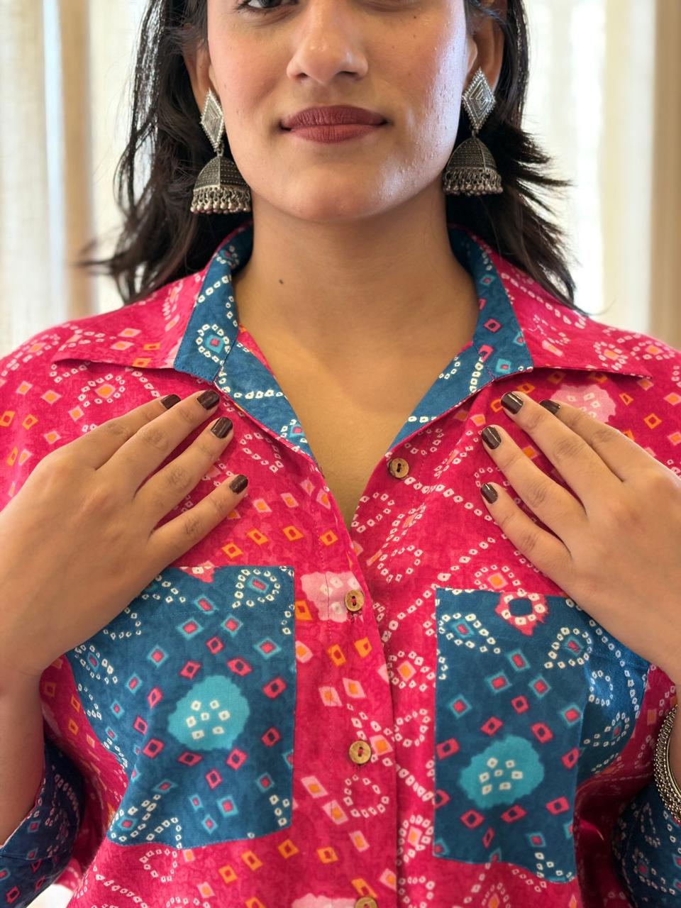 Pink Bandhni Shirt with blue patch