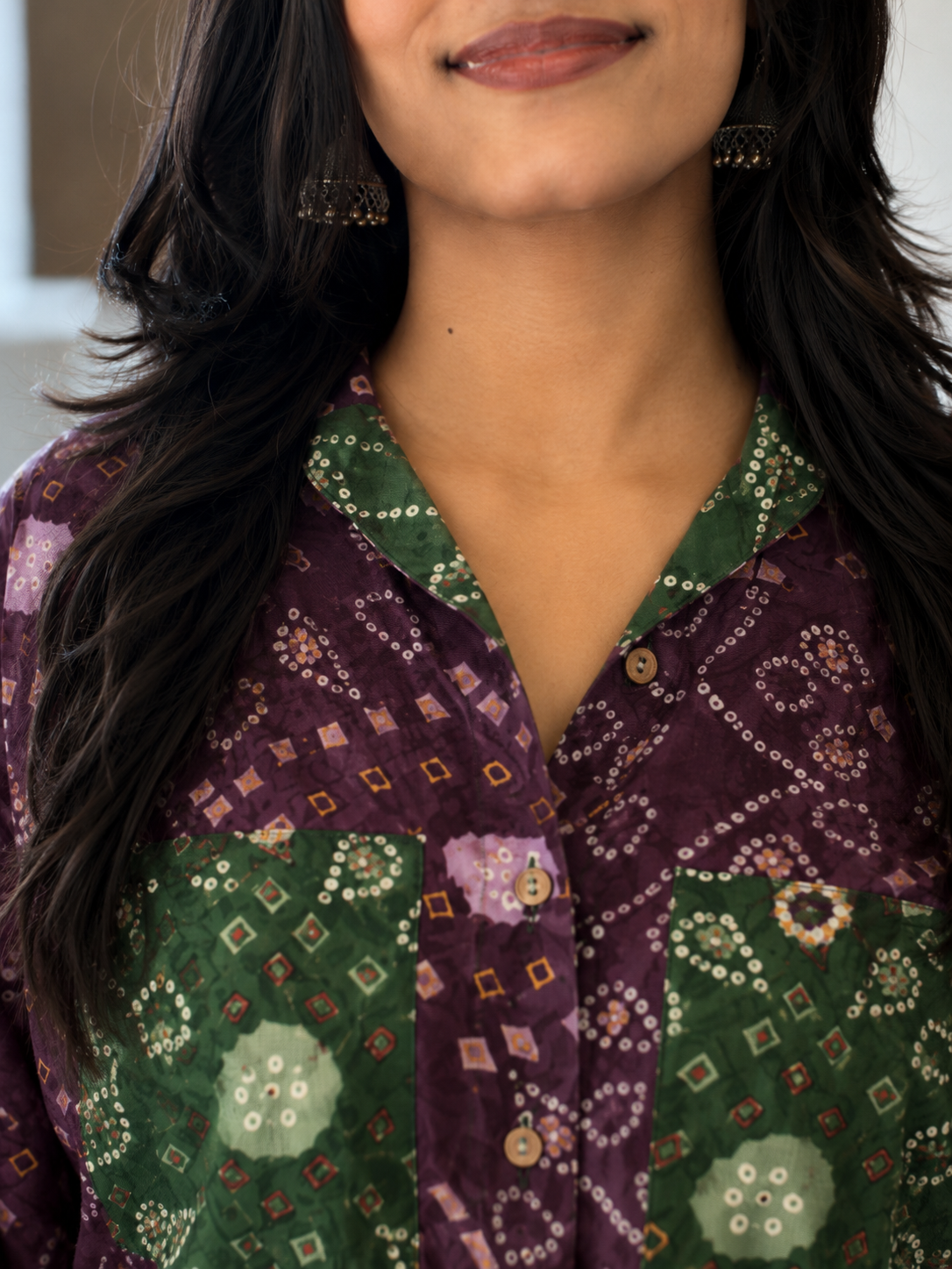Wine Bandhani shirt with green patch