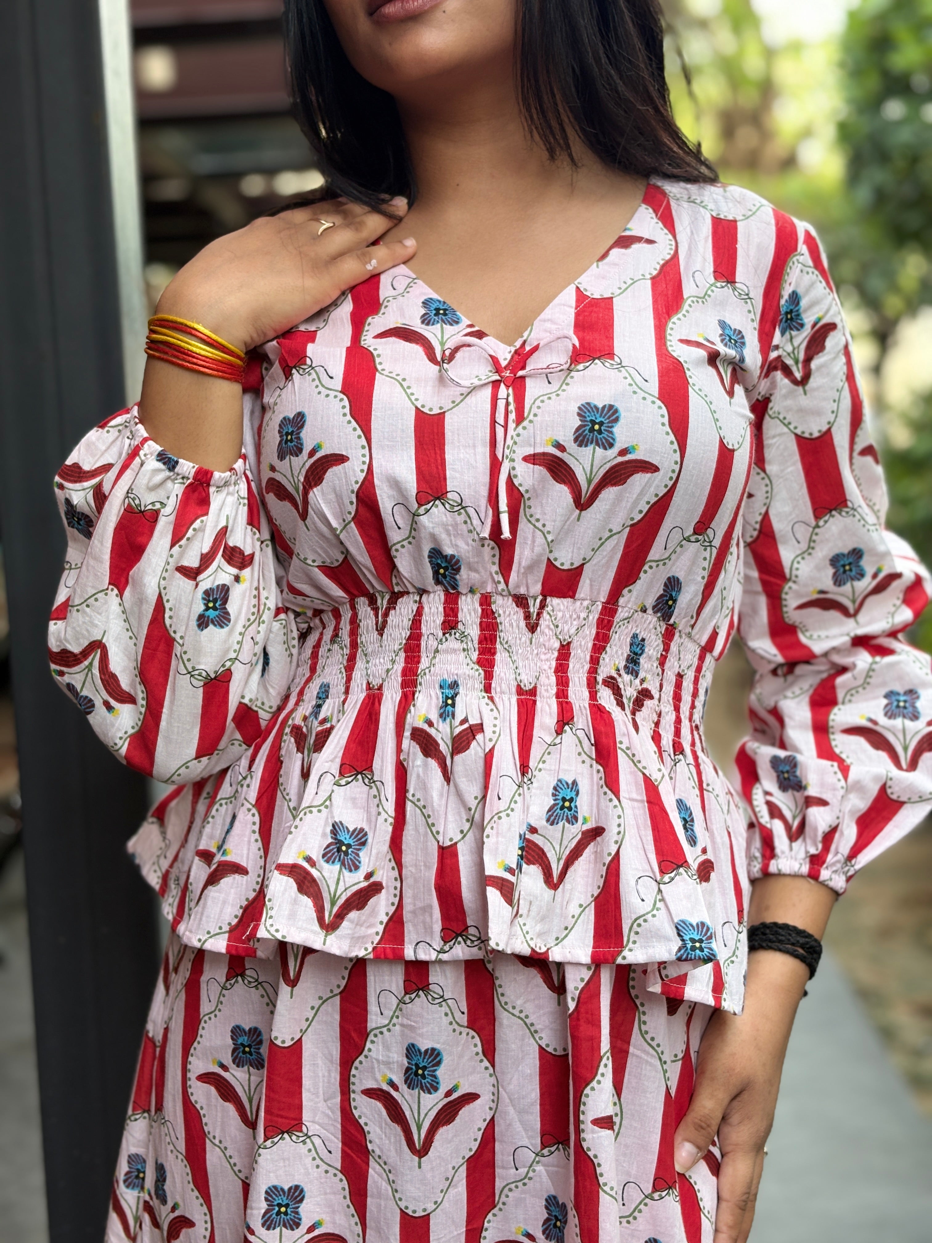 Red buti elasticated long dress