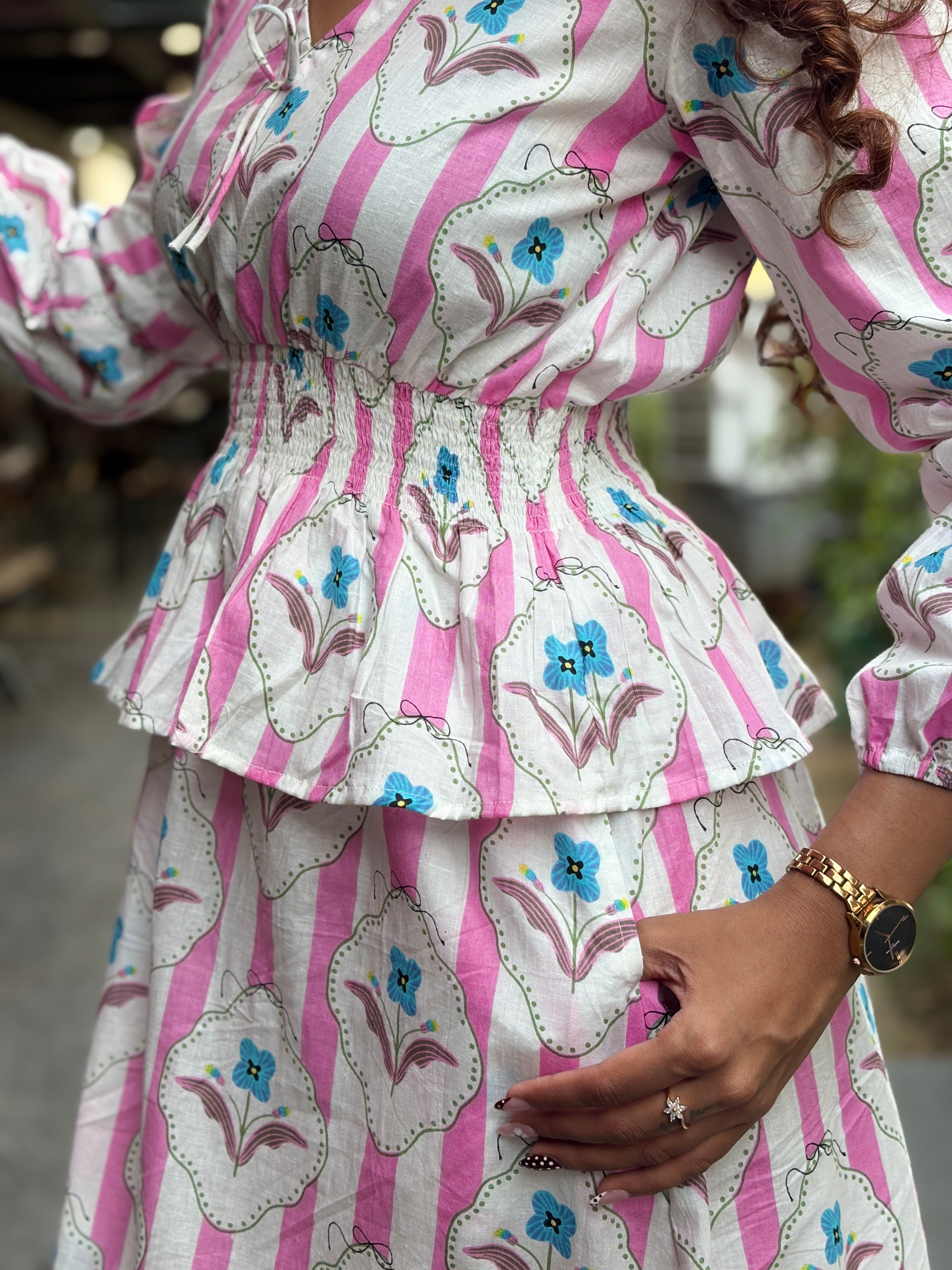 Pink buti elasticated long dress