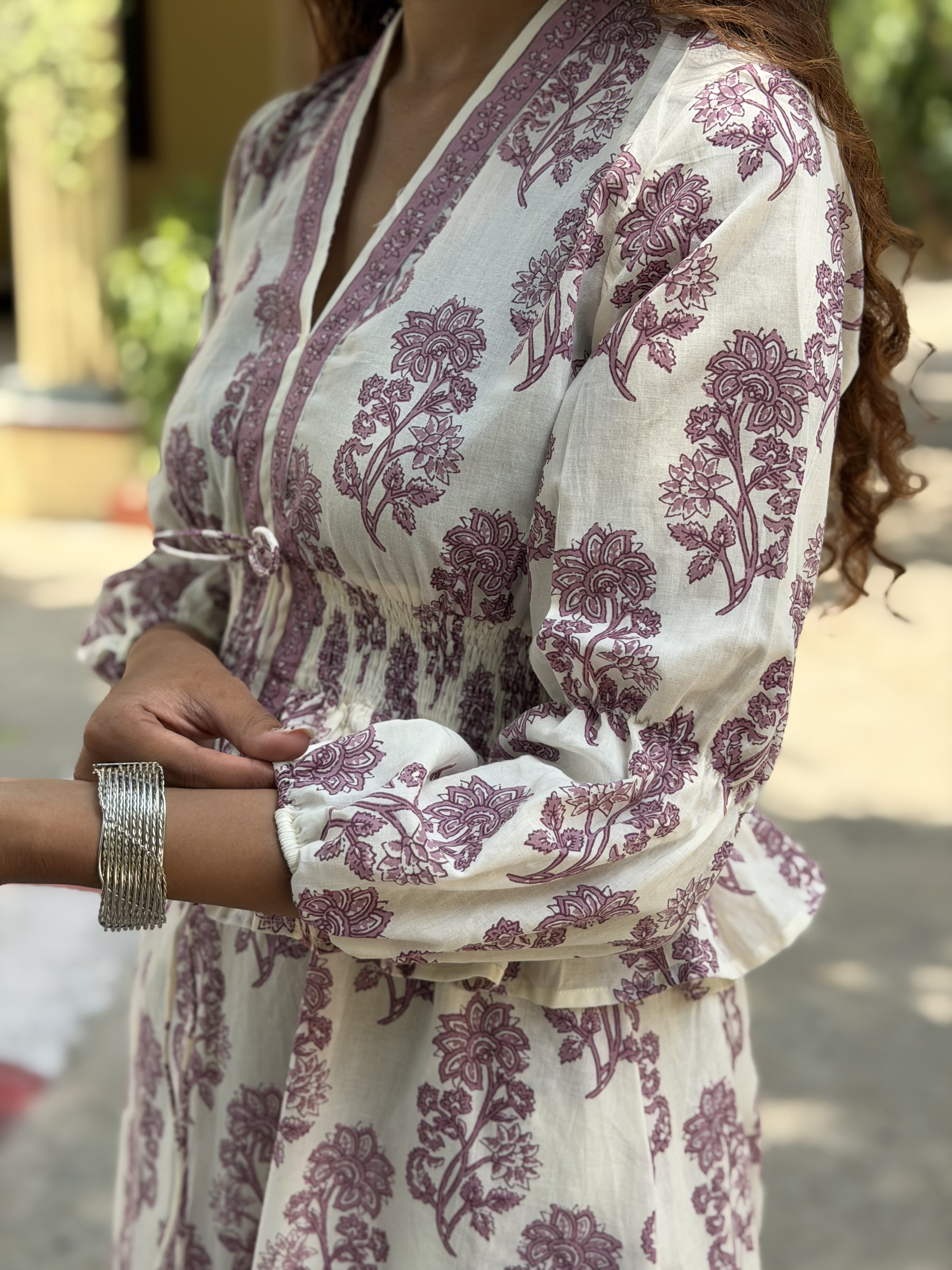 Hand-blocked White & Purple Elasticated Long Dress