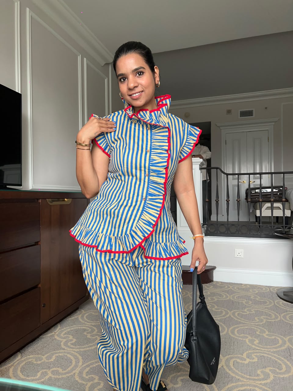 Blue Mustard Striped Ruffle top