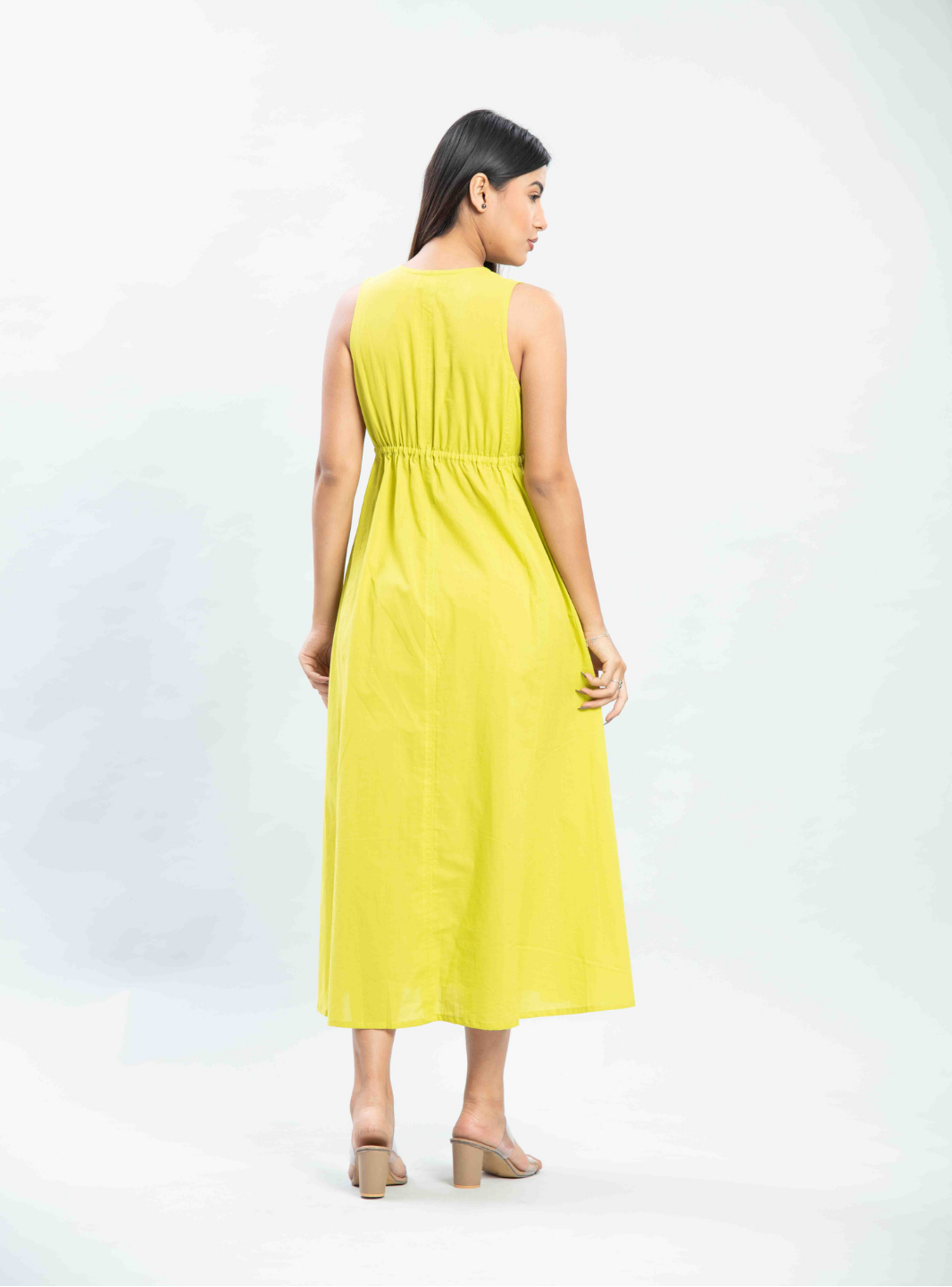 Lime embroidered long flare dress
