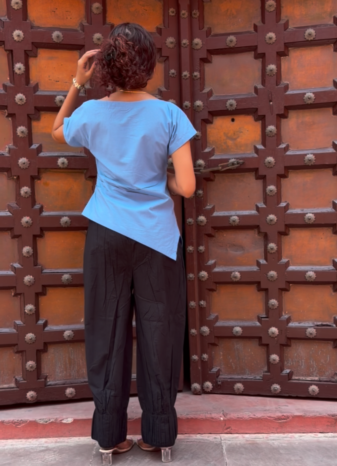 ⁠Sky Blue Top with Black Balloon Pant