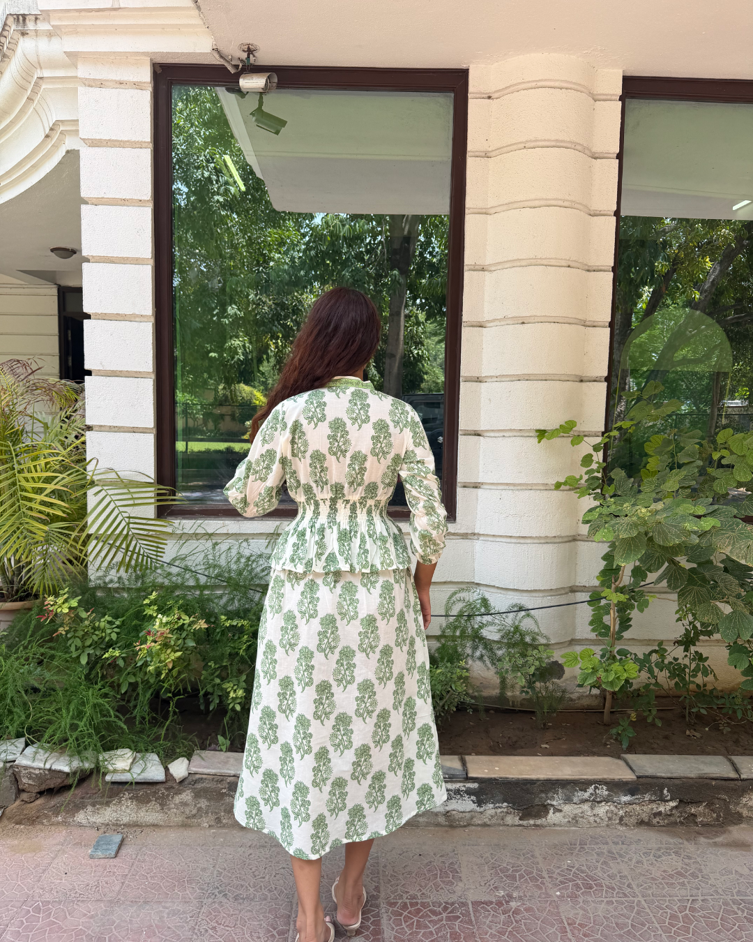Hand-blocked White & Green Elasticated Long Dress