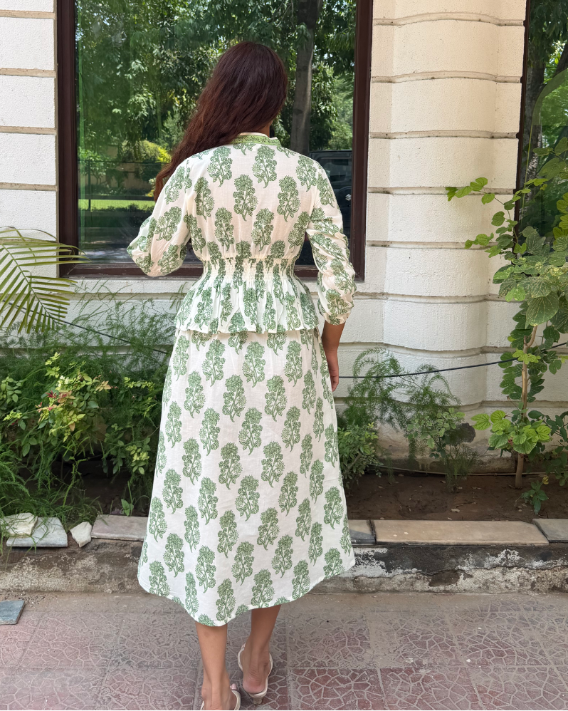 Hand-blocked White & Green Elasticated Long Dress
