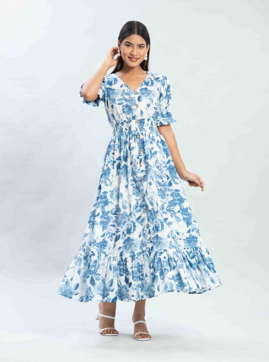 Blue Floral Printed Midi Dress