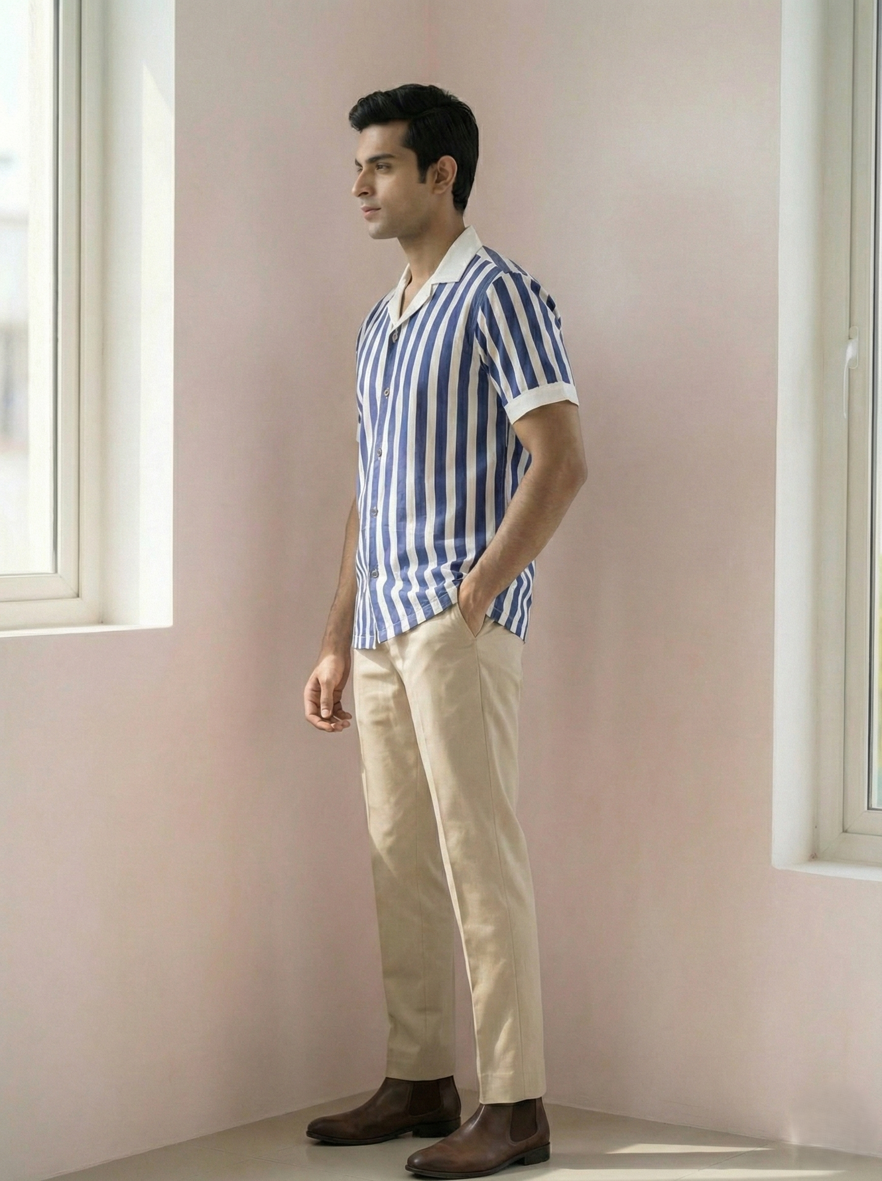 Blue White Stripe Cotton Matching Couple Set