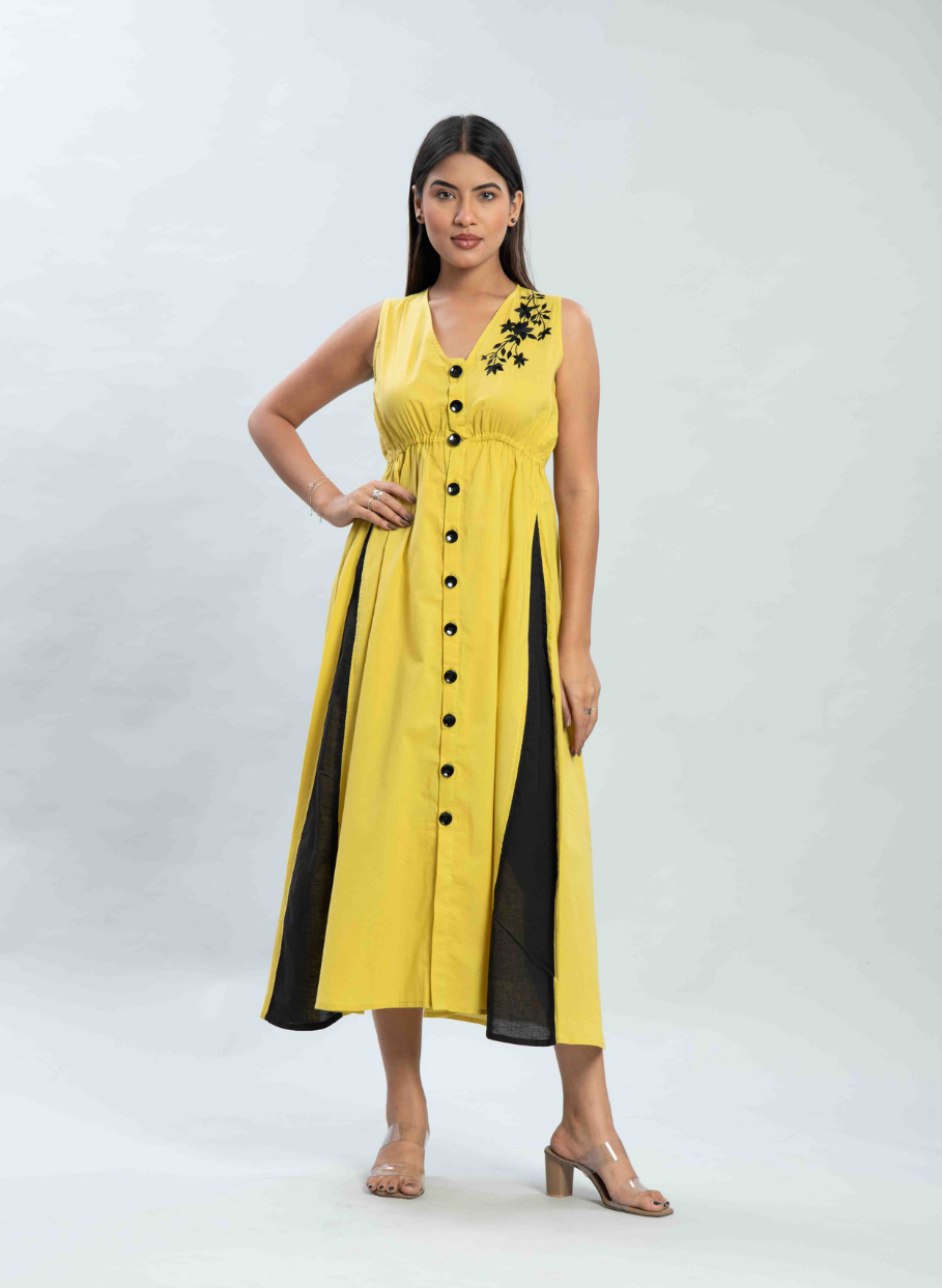 Yellow embroidered long flare dress