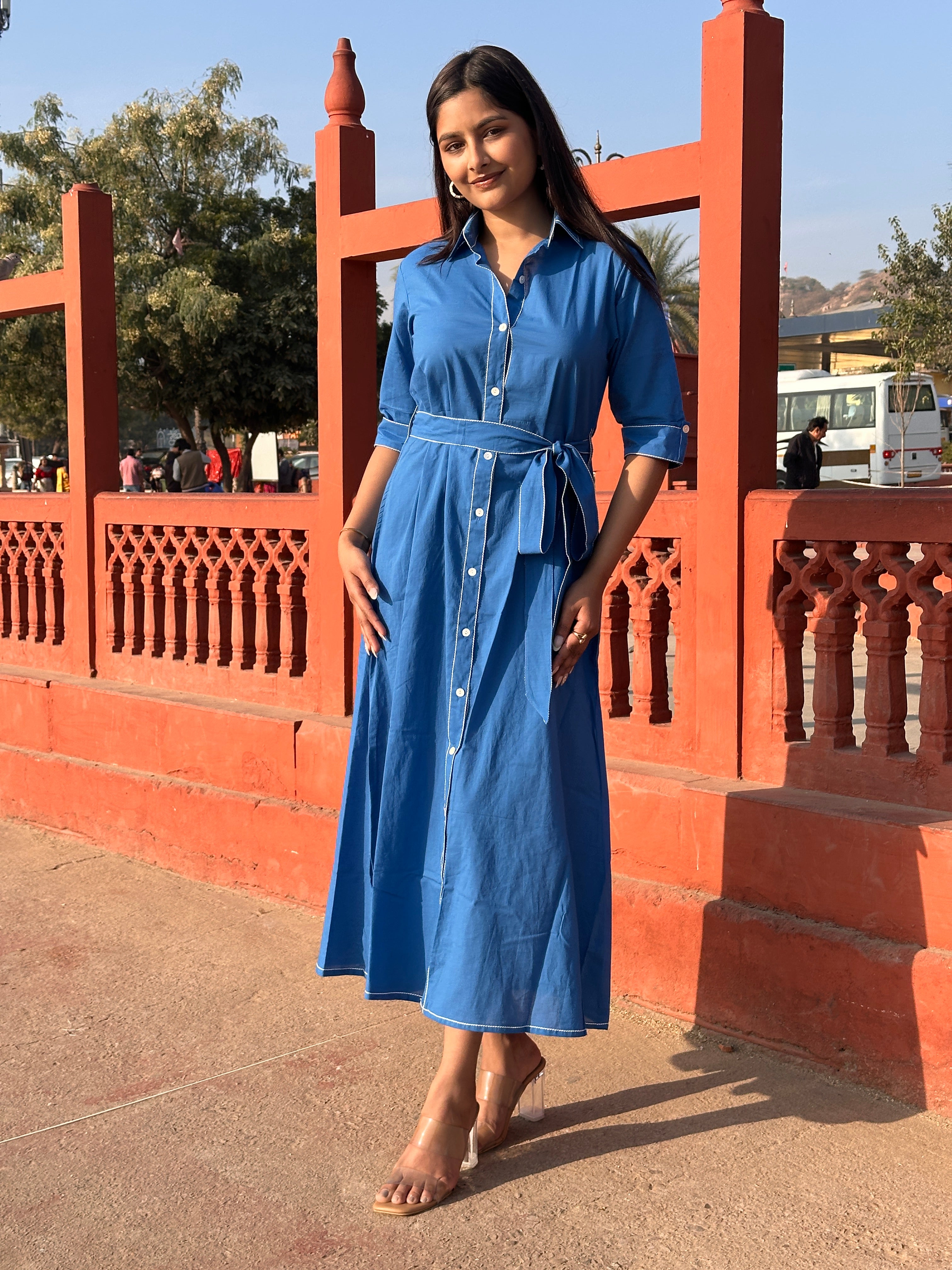 Blue Belted Shirt Dress