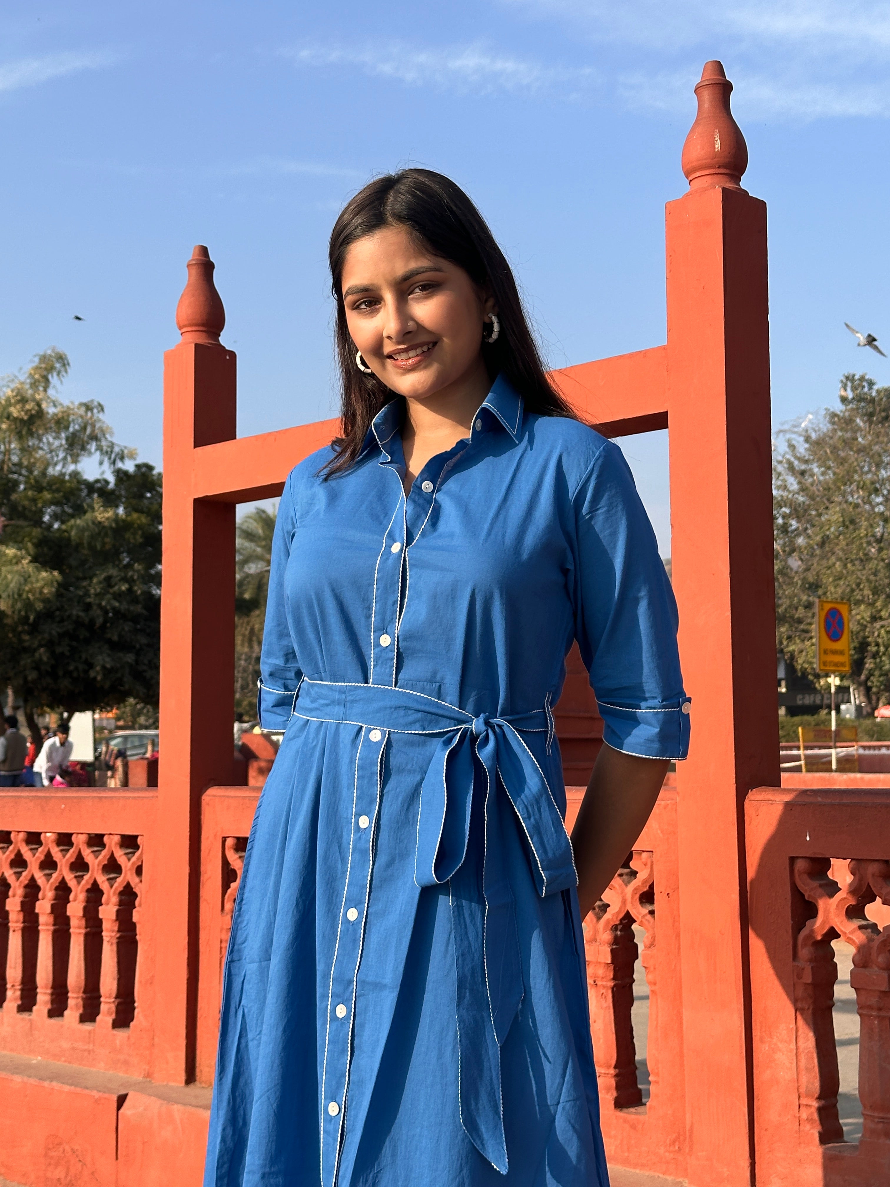 Blue Belted Shirt Dress